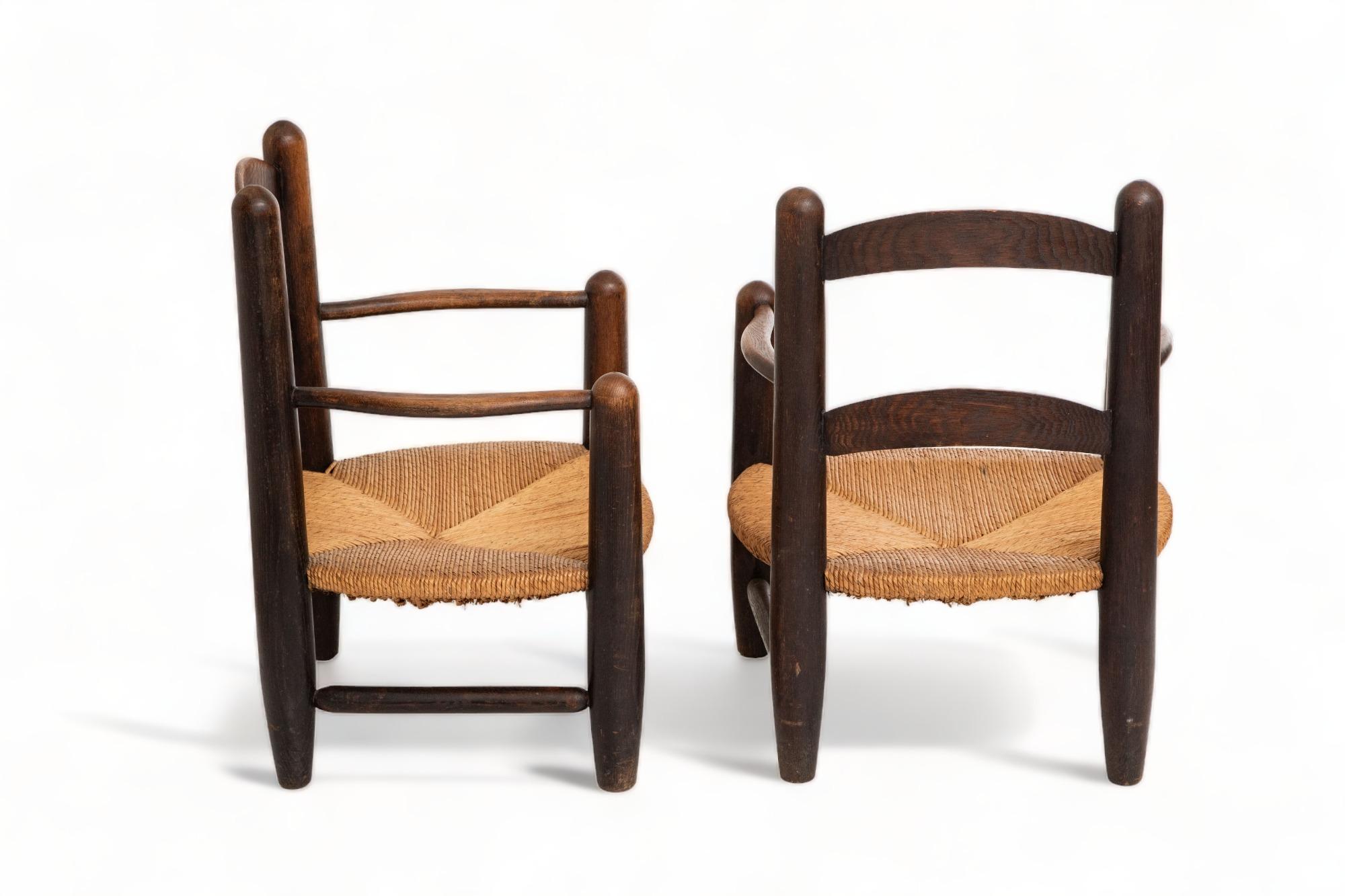 Patinated Pair of Oak and Rush Seats Armchairs, France, 1950's For Sale