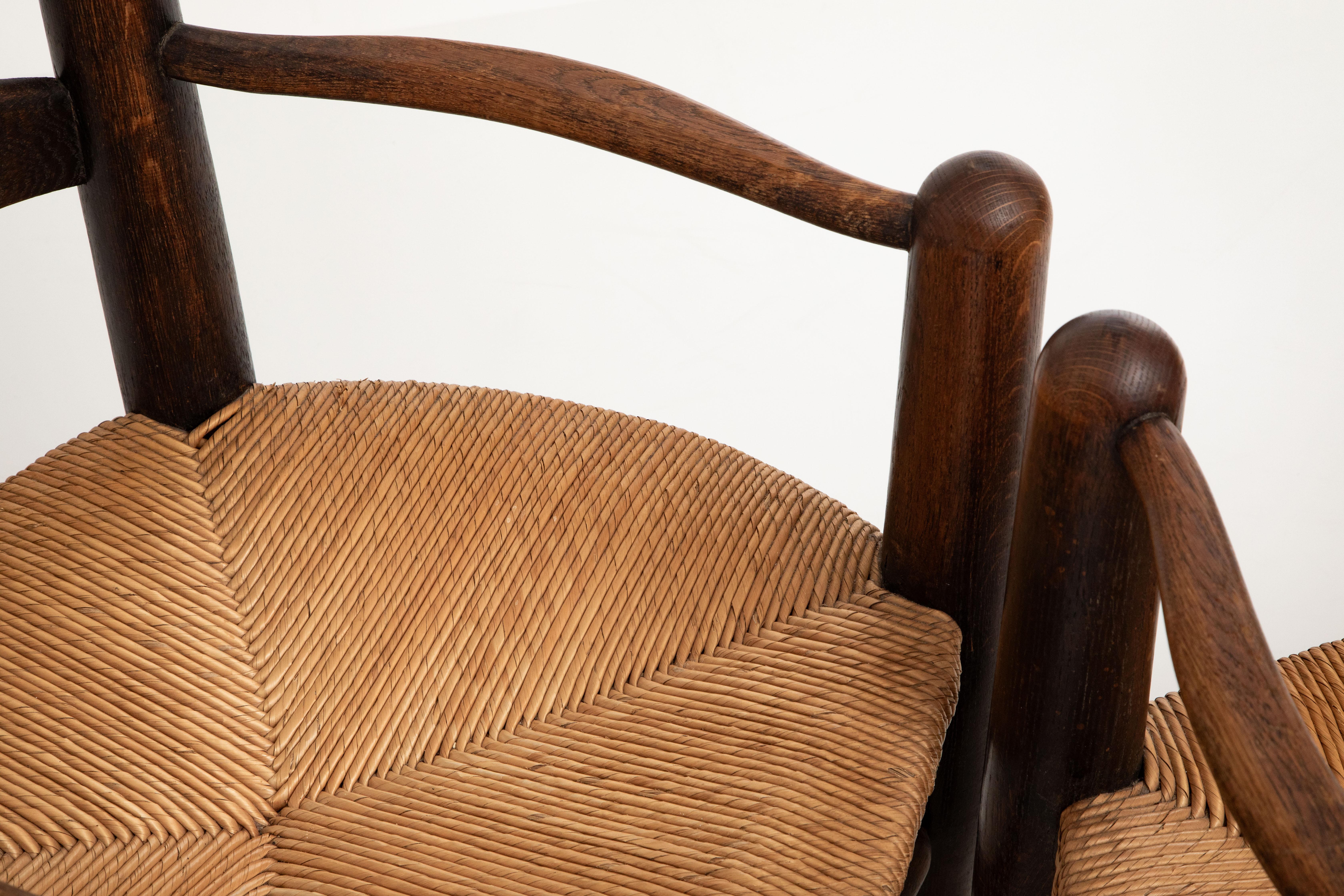 Pair of Oak and Rush Seats Armchairs, France, 1950's For Sale 1