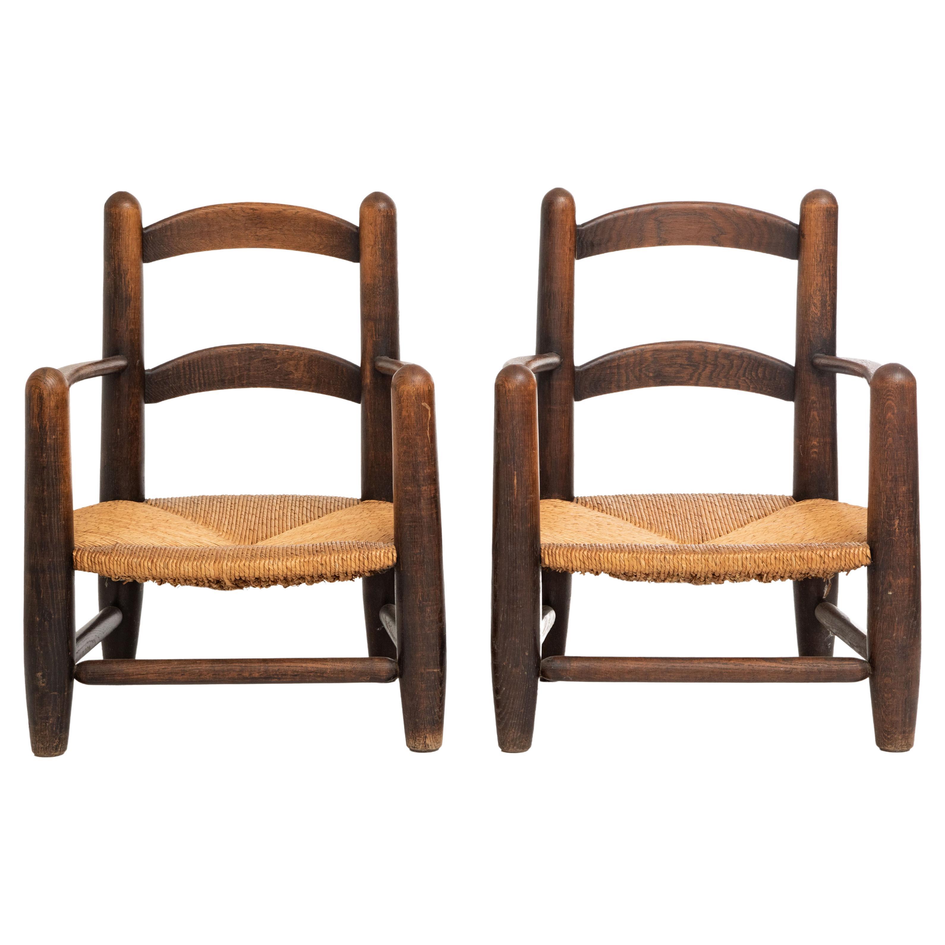 Pair of Oak and Rush Seats Armchairs, France, 1950's