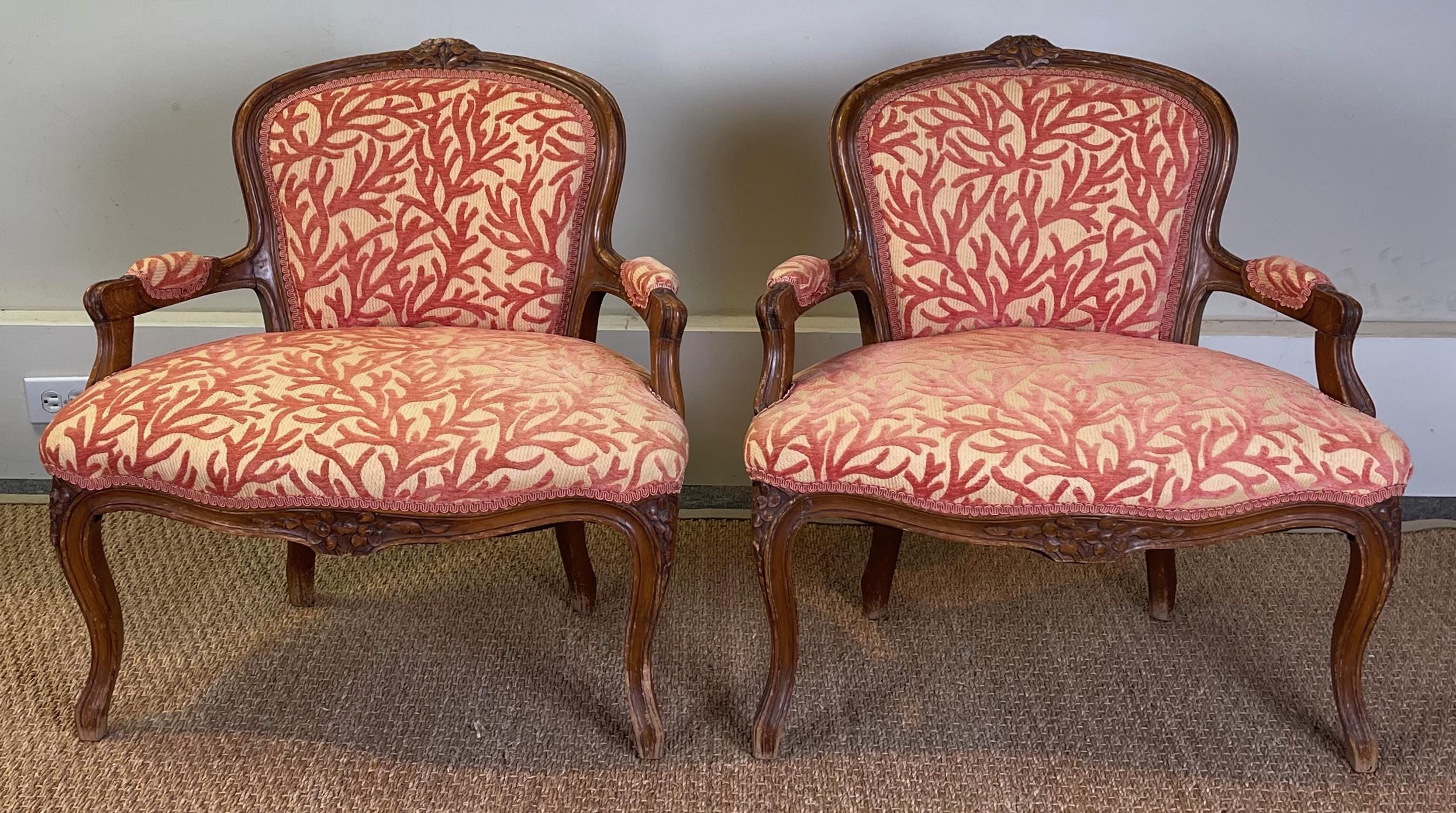 Hand-Carved Pair of Low Slung French Fauteuils For Sale