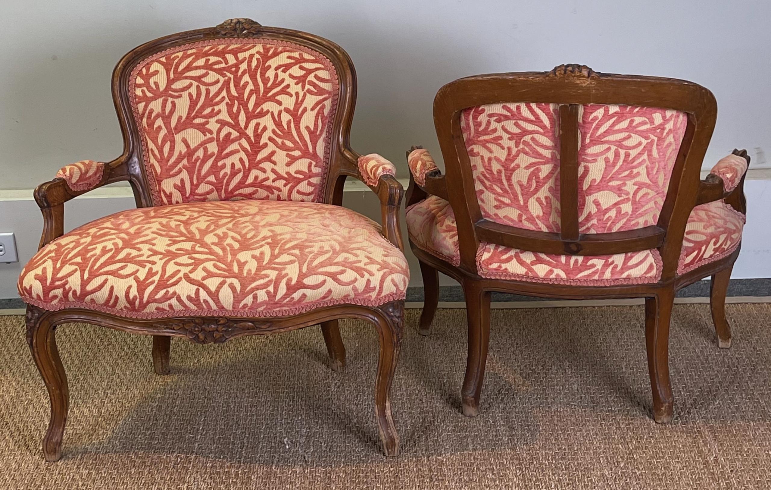 Walnut Pair of Low Slung French Fauteuils For Sale