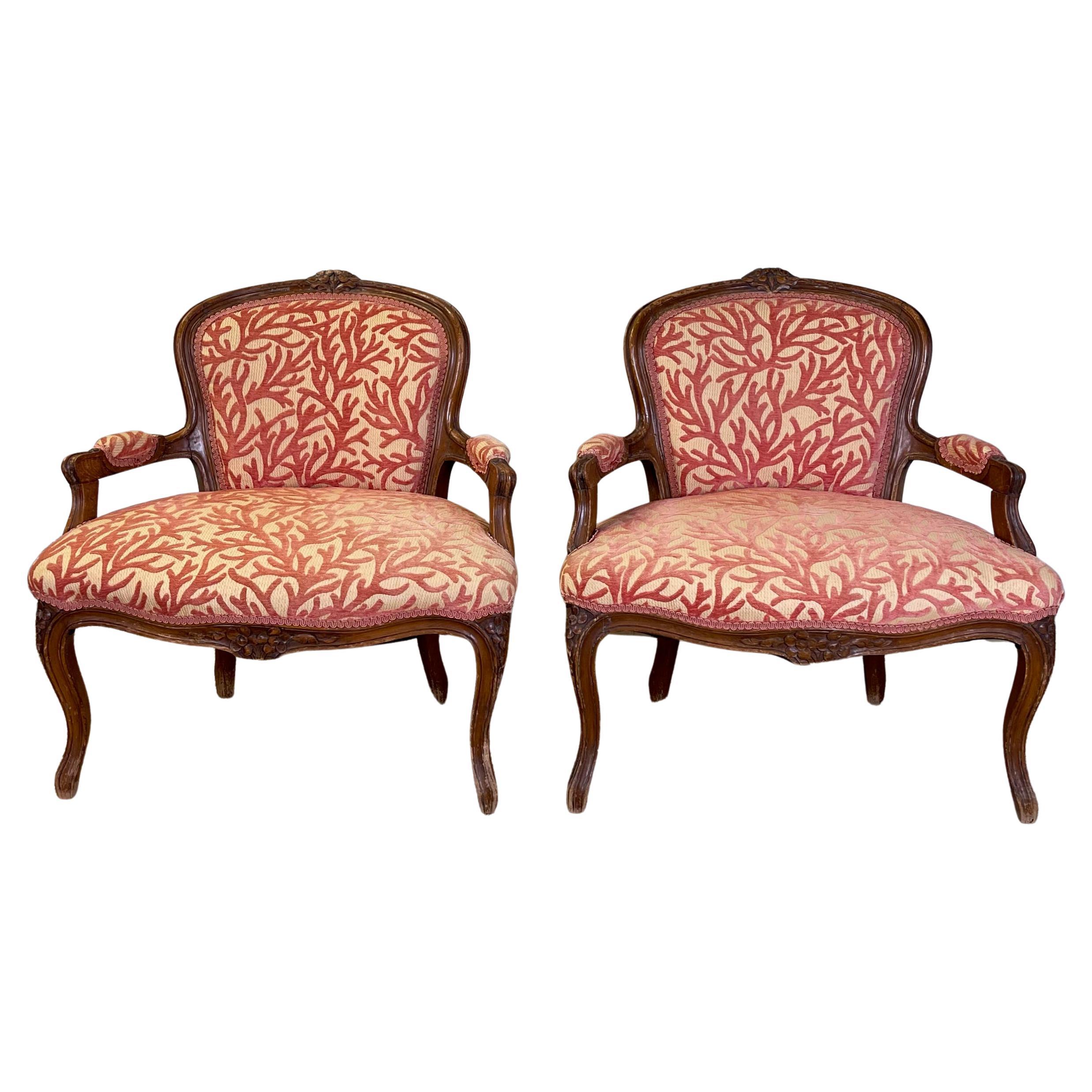 Pair of Low Slung French Fauteuils For Sale