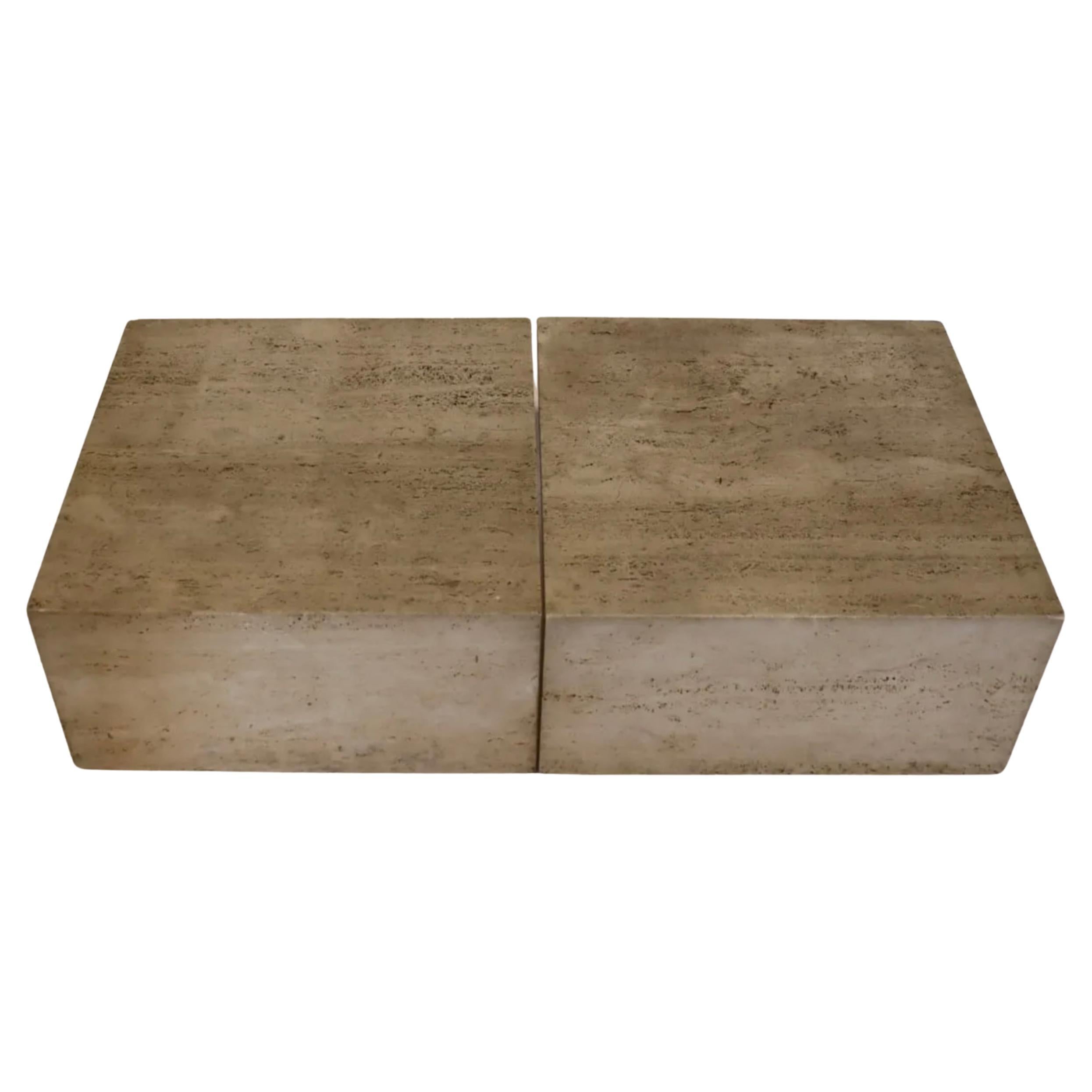 Italian Pair of Low Square Up & Up Travertine end coffee tables or Nightstands Italy For Sale