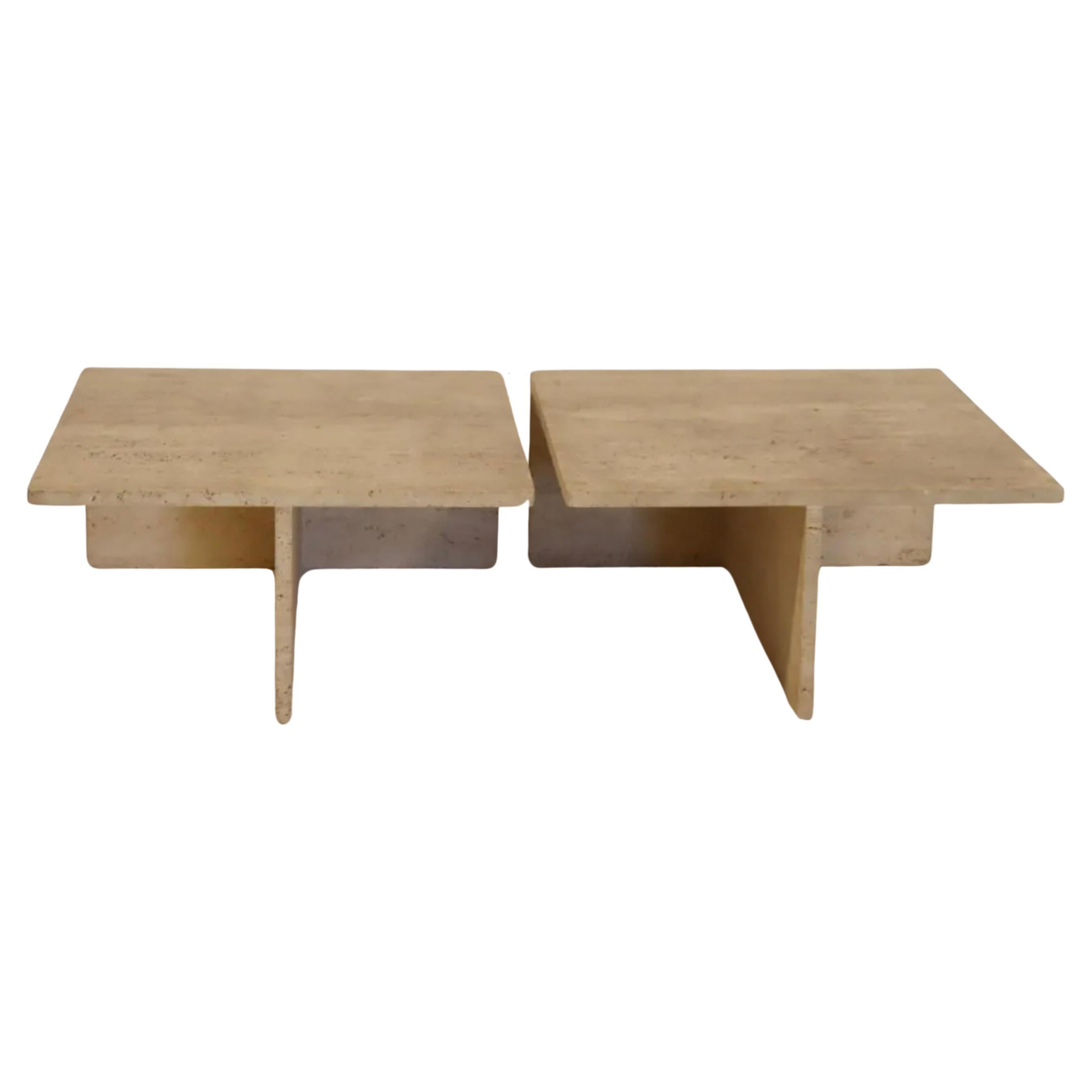 Pair of Low Square Up & Up Travertine end coffee tables or Nightstands Italy For Sale