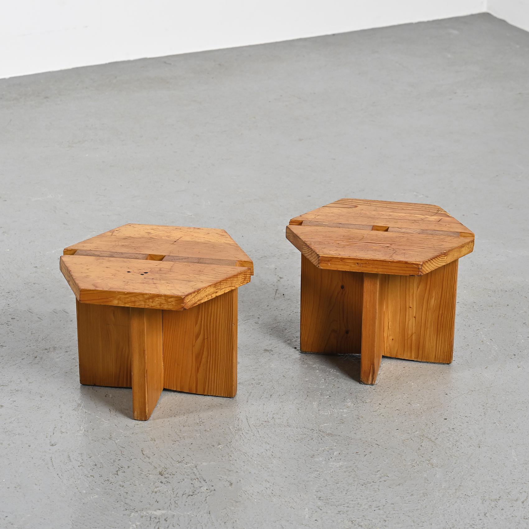 Mid-Century Modern Pair of Low Stools, René Martin, Méribel France