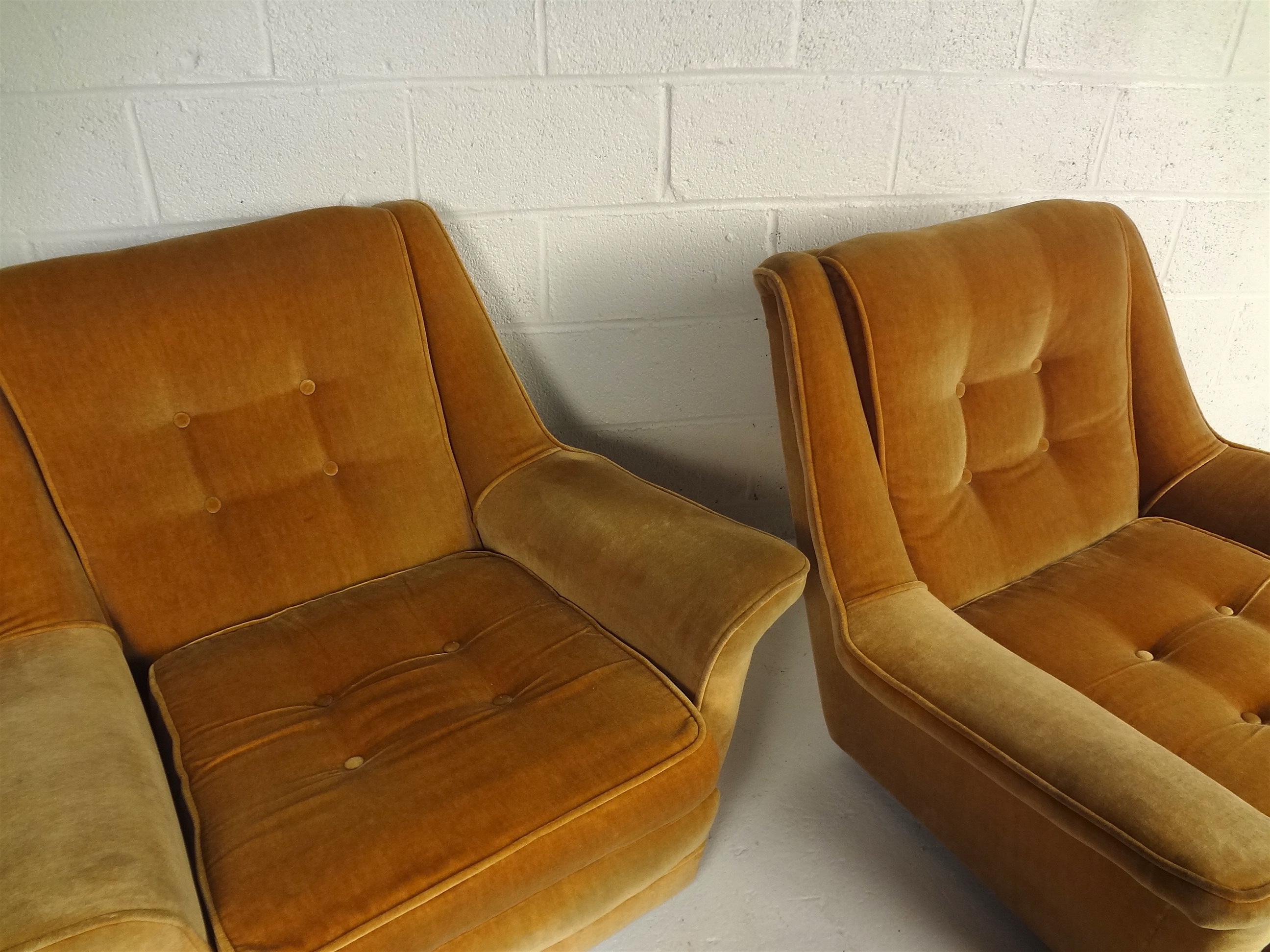 Mid-Century Modern Pair of Low Tufted Velvet Lounge Chairs