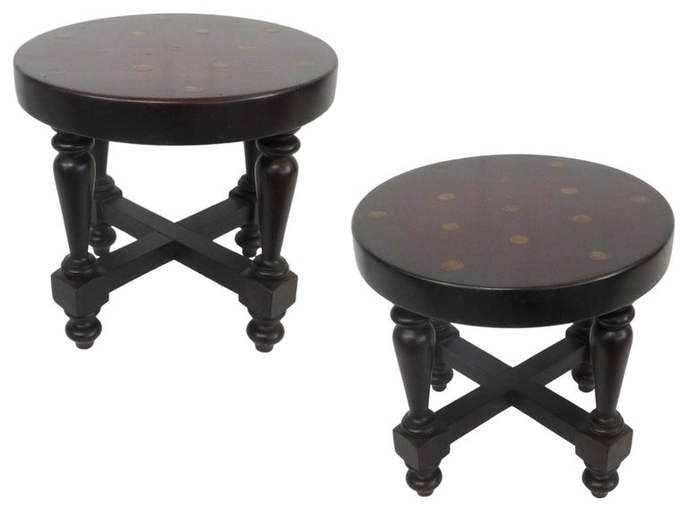 Modern Pair of Low Turned Wood Side Tables or Stools with Inset Coins For Sale