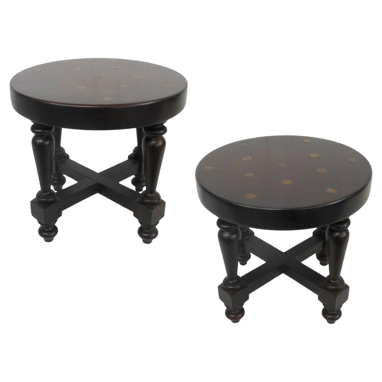 Pair of Low Turned Wood Side Tables or Stools with Inset Coins For Sale