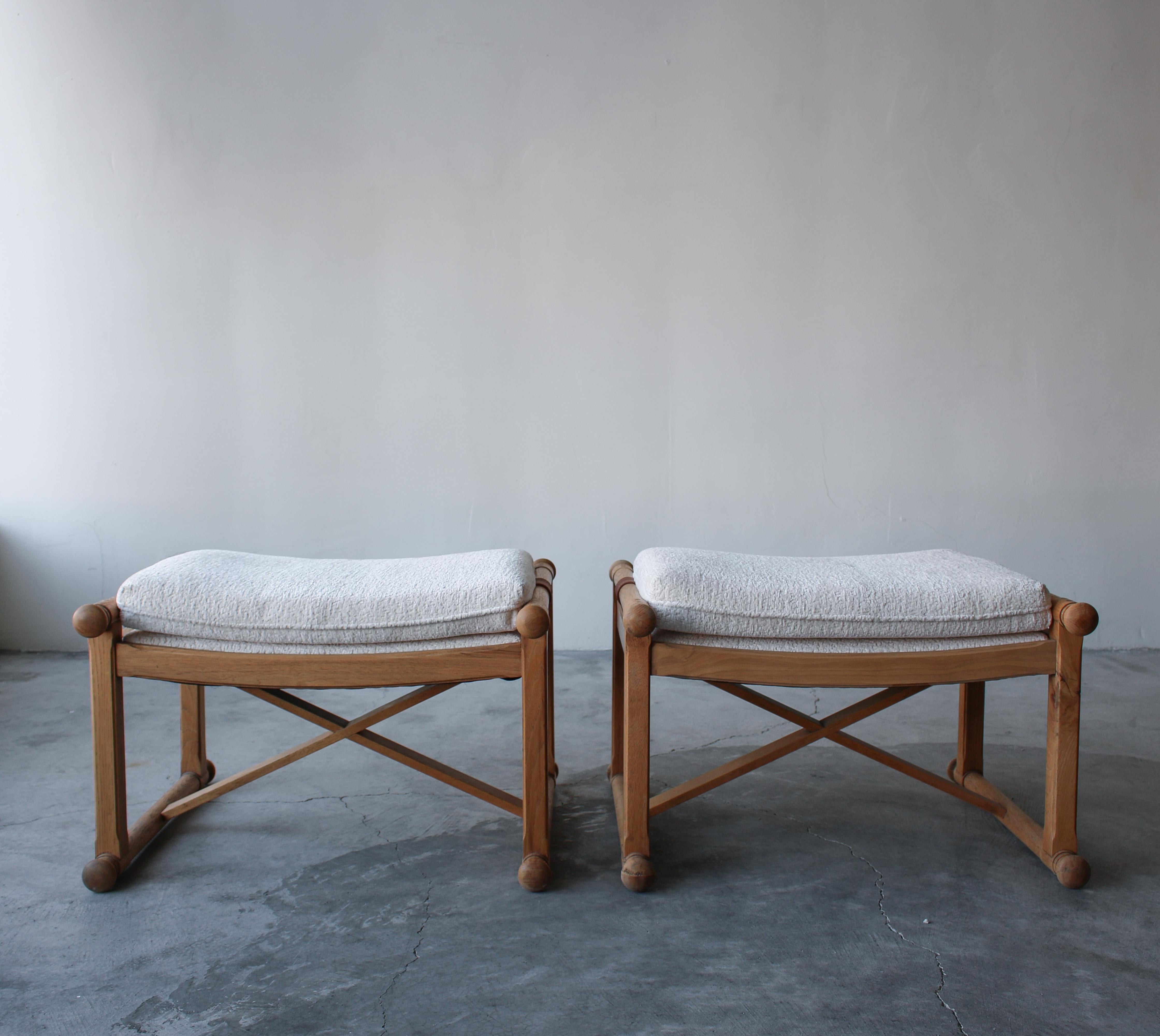 Minimalist Pair of Low Vintage Oak X-Base Stools