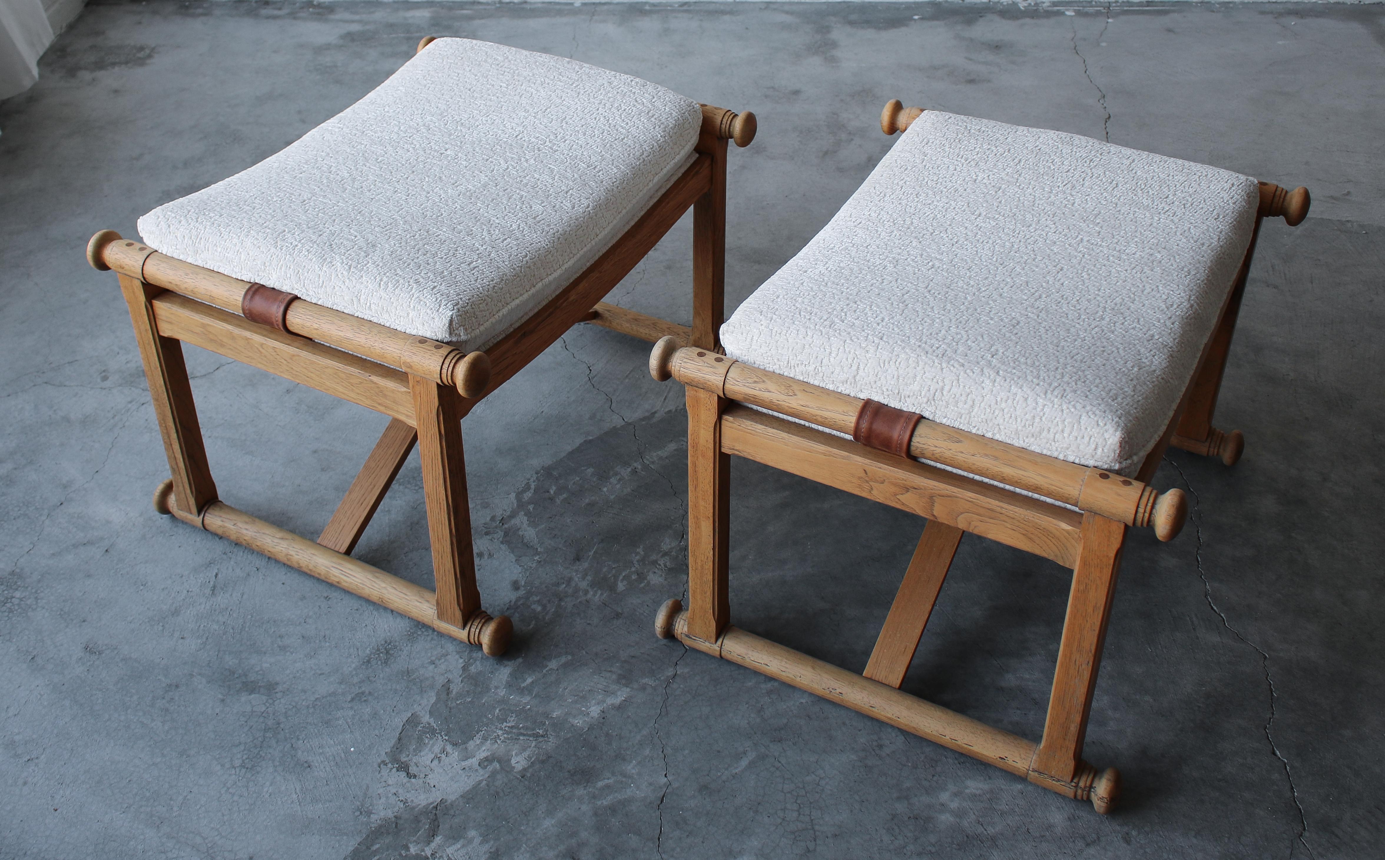 20th Century Pair of Low Vintage Oak X-Base Stools