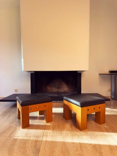 Pair of Low Wooden Stools with Leather Seats, 1970s