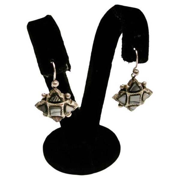 Pair of Lozenge Shaped Victorian Silver & Scottish Pebble Earrings, c.1880