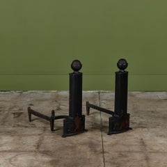 1930s Arts and Crafts Blackened Steel Andirons by L.R. Nelson Mfg.Co.