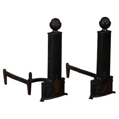 1930s Arts and Crafts Blackened Steel Andirons by L.R. Nelson Mfg.Co.