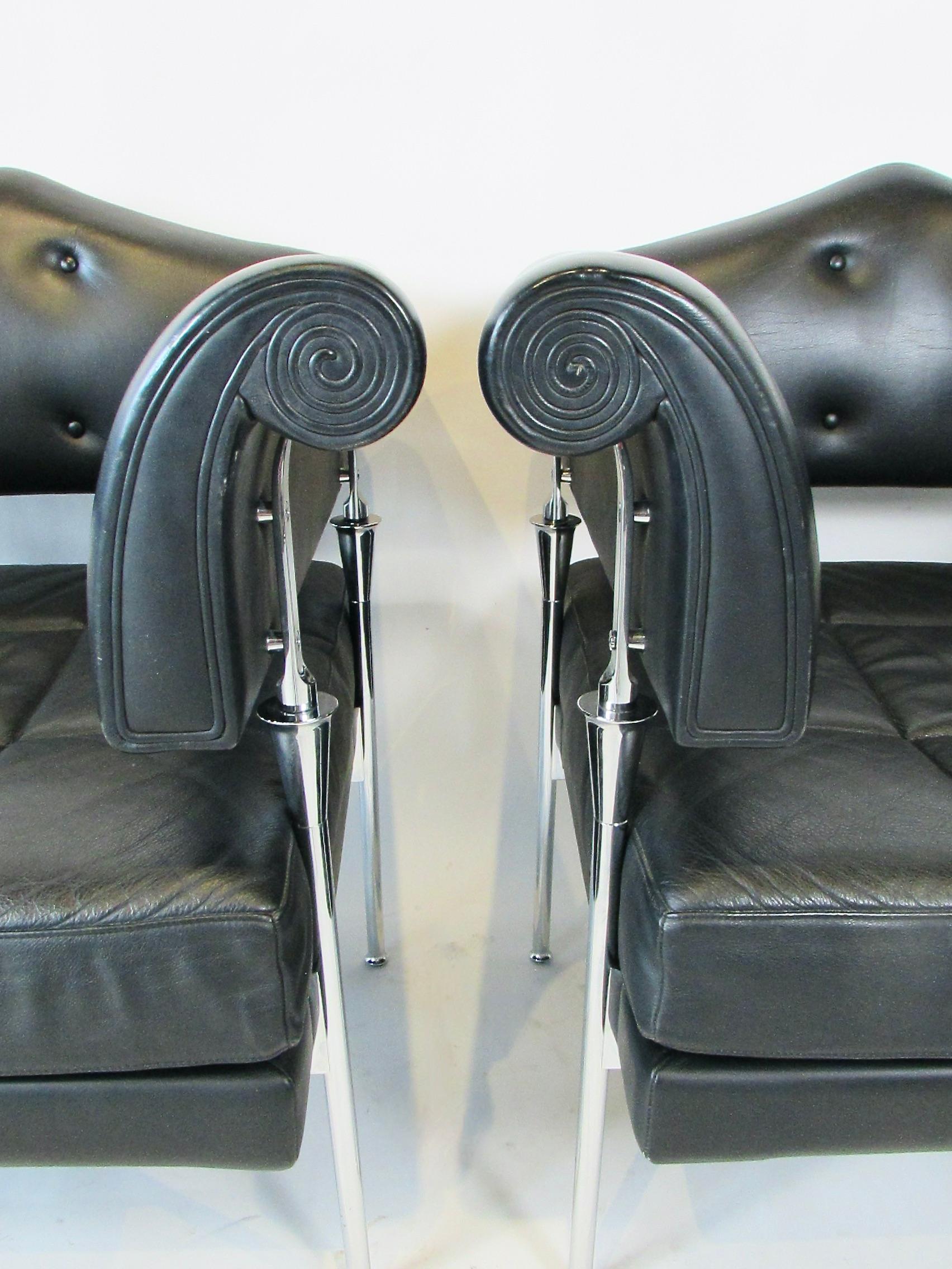 Pair of Luca Scocchetti for Poltrana Frau black leather on chrome lounge chairs For Sale 8