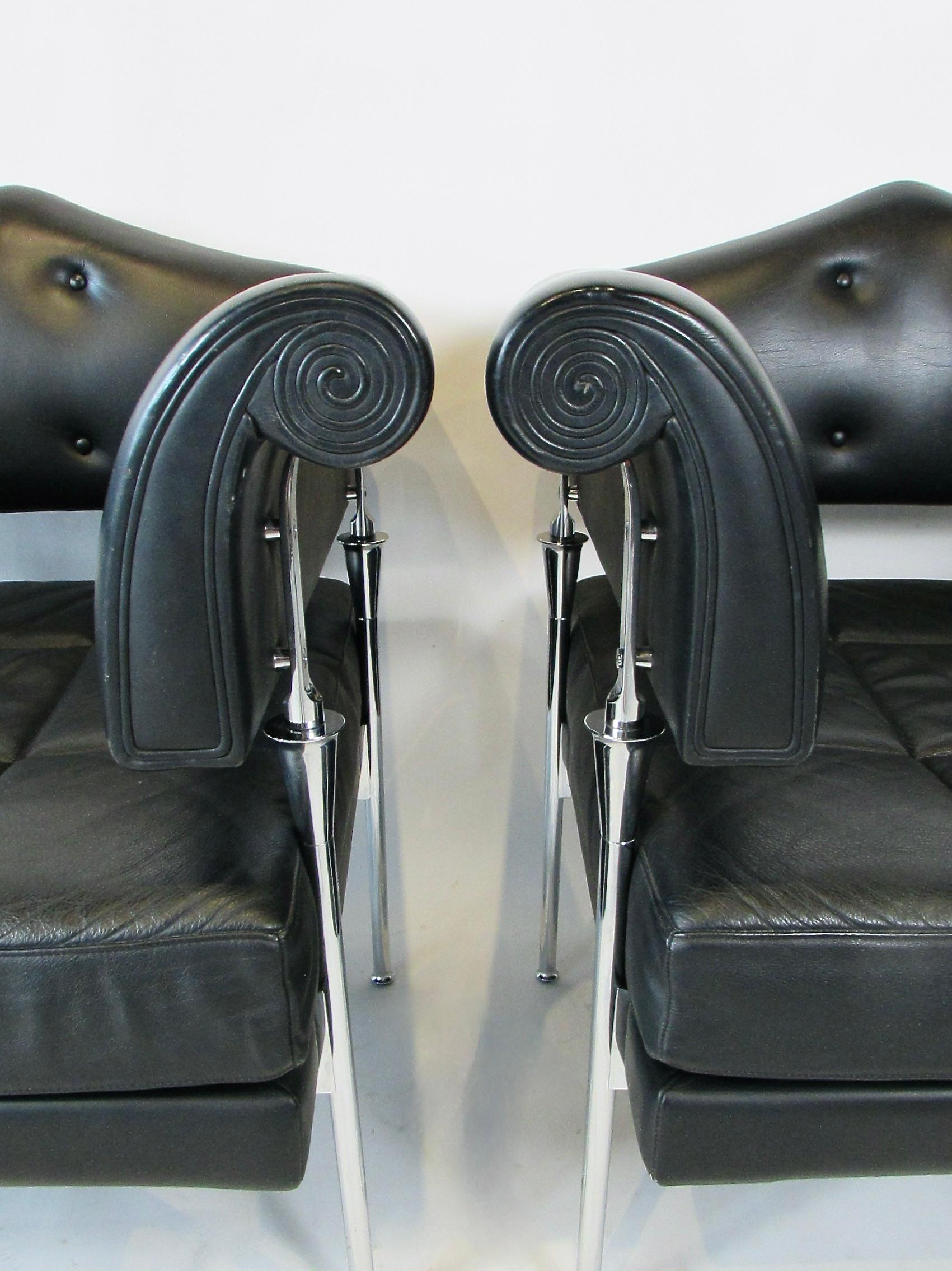 Pair of Luca Scocchetti for Poltrana Frau black leather on chrome lounge chairs For Sale 9