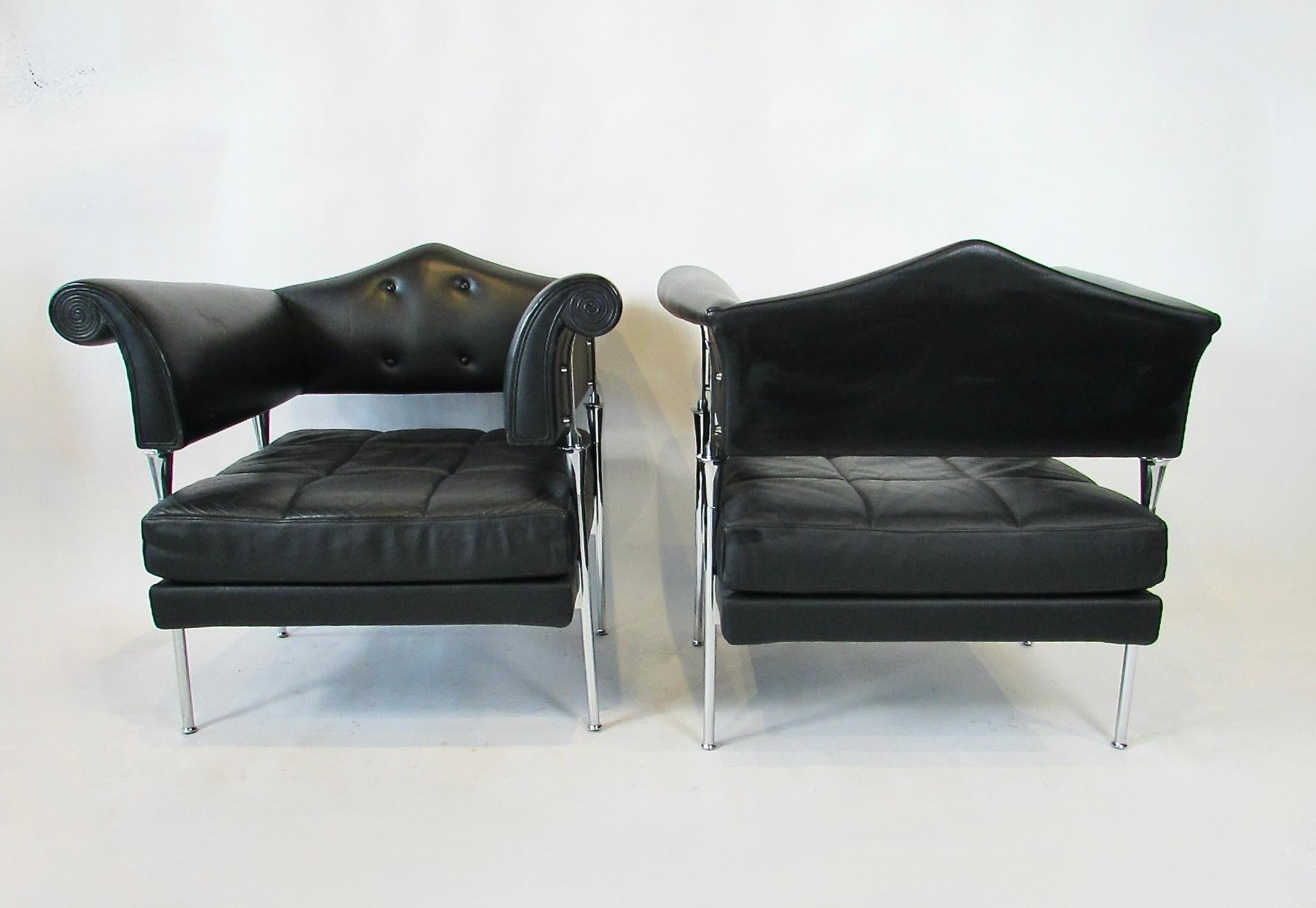 Pair of Luca Scocchetti for Poltrana Frau black leather on chrome lounge chairs For Sale 10