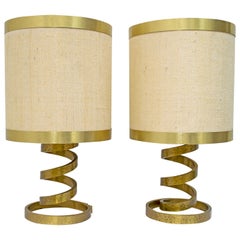 Pair of Luciano Frigerio Italian Spiral Hammered Brass Table Lamp, 1974