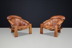 Pair of Luciano Frigerio Lounge Chairs in Cognac Leather and Stained Walnut 1970