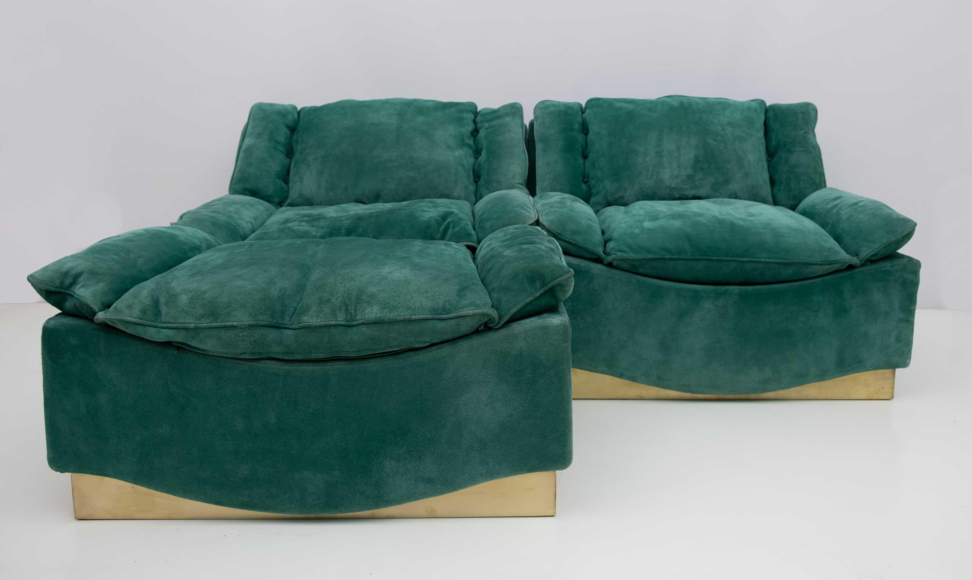 Brass Pair of Luciano Frigerio Mid-Century Modern Suede Armchairs and Footrest, 1970s For Sale