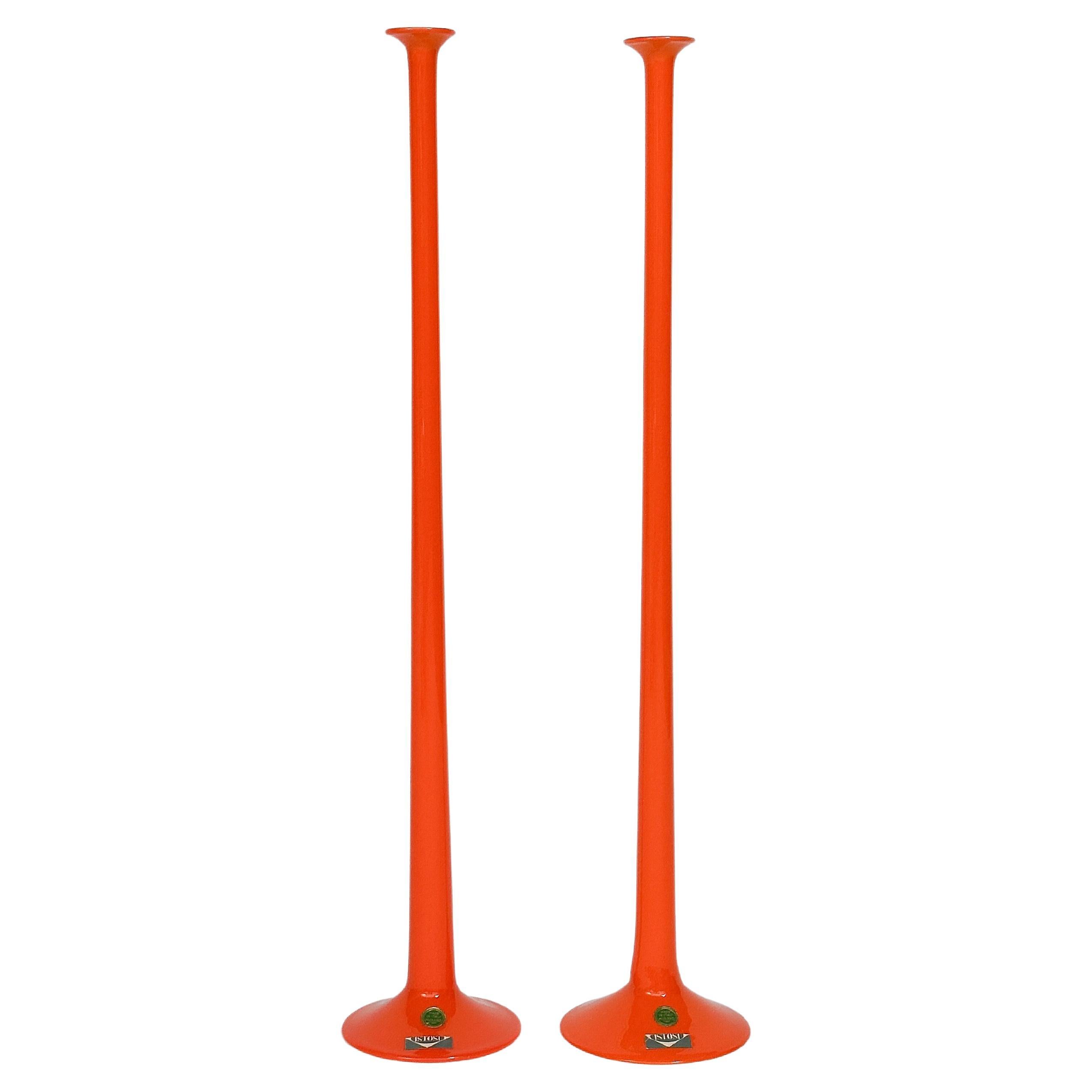 Coppia di bastoncini per candele Luciano Vistosi in vetro di Murano Arancione 1960s 1970s in vendita