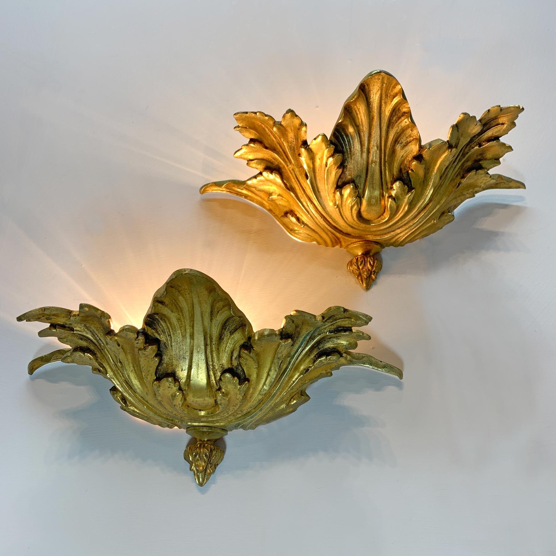 Gilt Pair Of Lucien Gau Gold Acanthus Leaf Uplighters For Sale