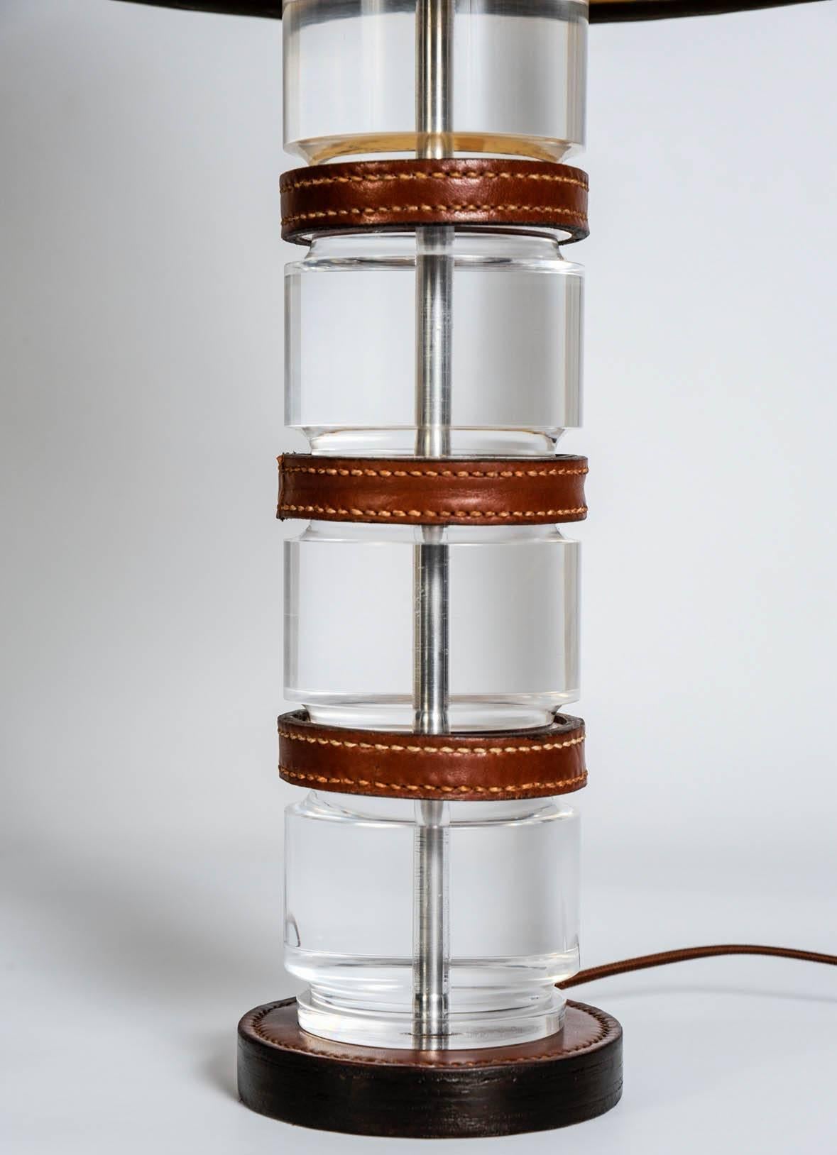 French Pair of Lucite and Stitched Leather Lamps by Hermès, Paris