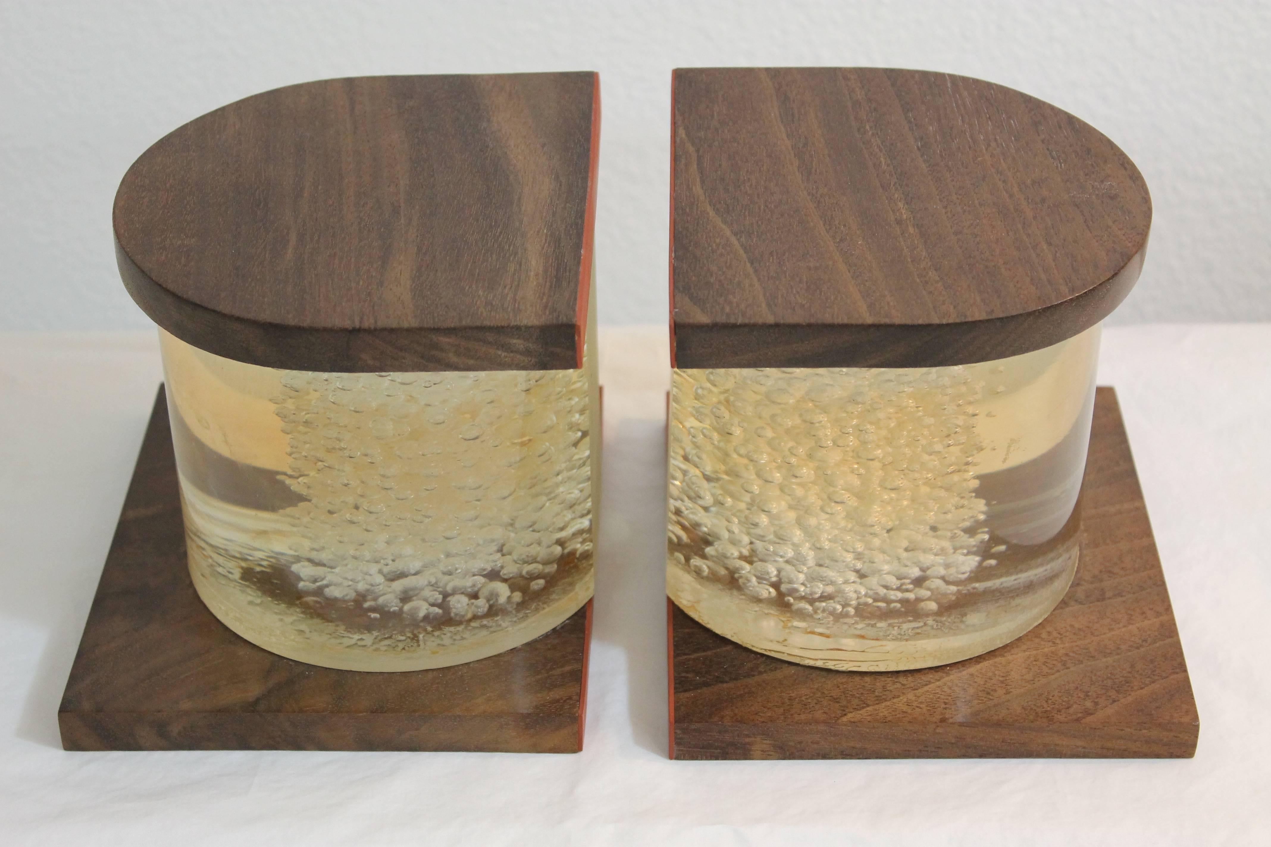 American Pair of Lucite and Wood Bookends
