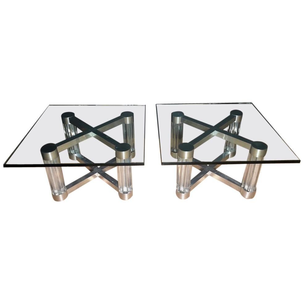 Pair of Lucite and Aluminum Glass Top Coffee Tables