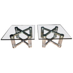 Pair of Lucite and Aluminum Glass Top Coffee Tables