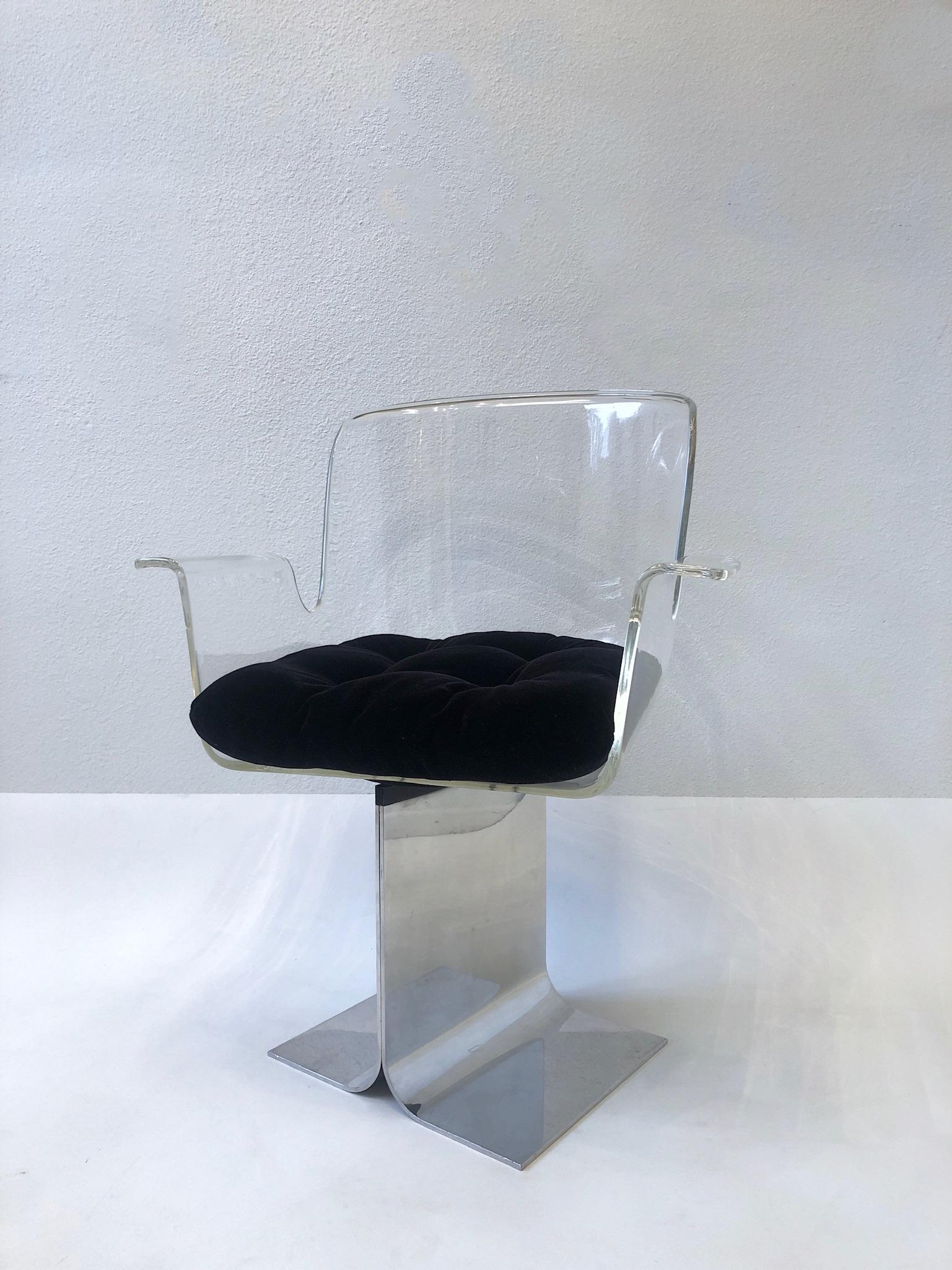Modern Pair of Lucite and Aluminum Swivel Chairs by Pace Collection