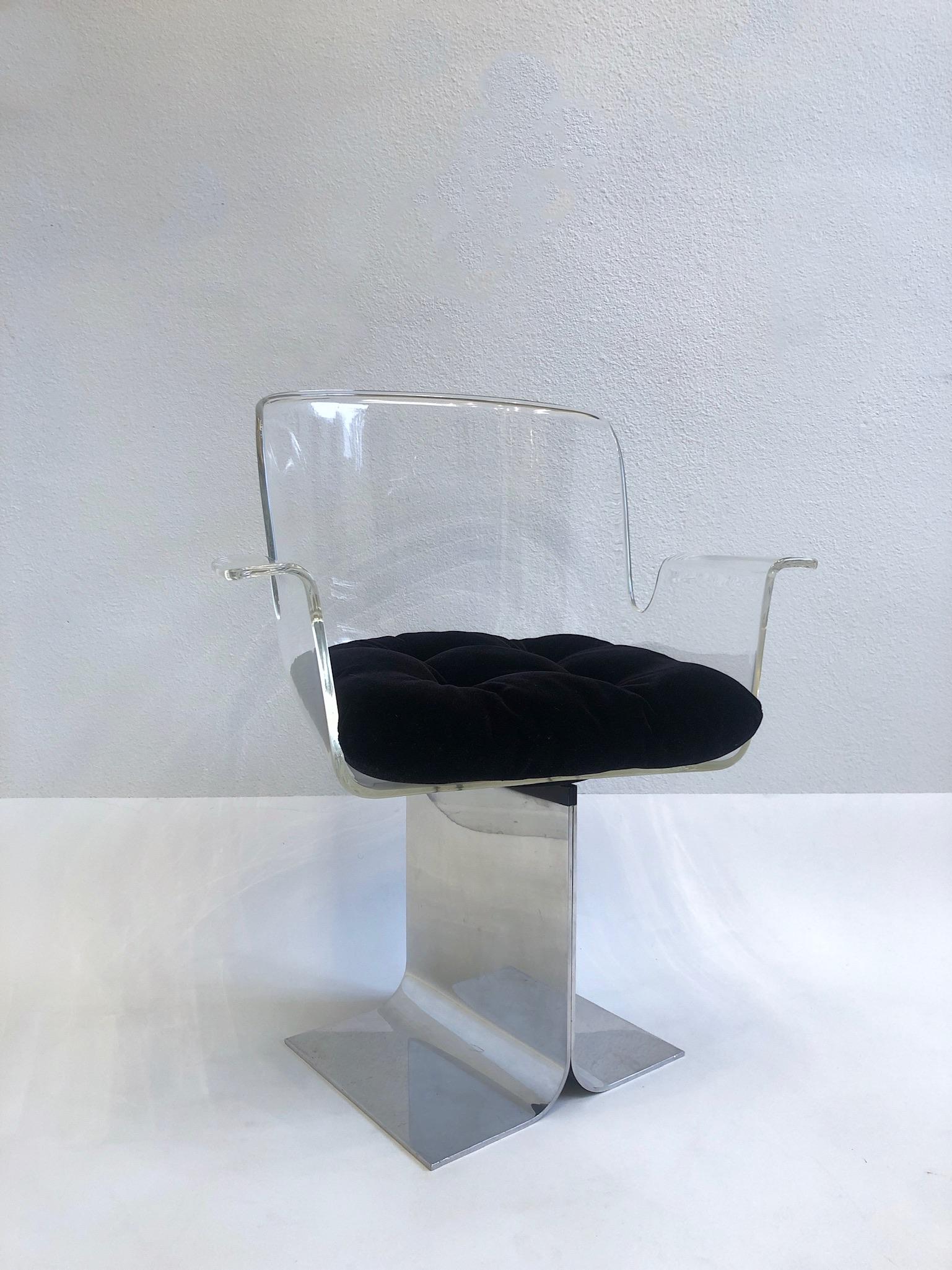 American Pair of Lucite and Aluminum Swivel Chairs by Pace Collection