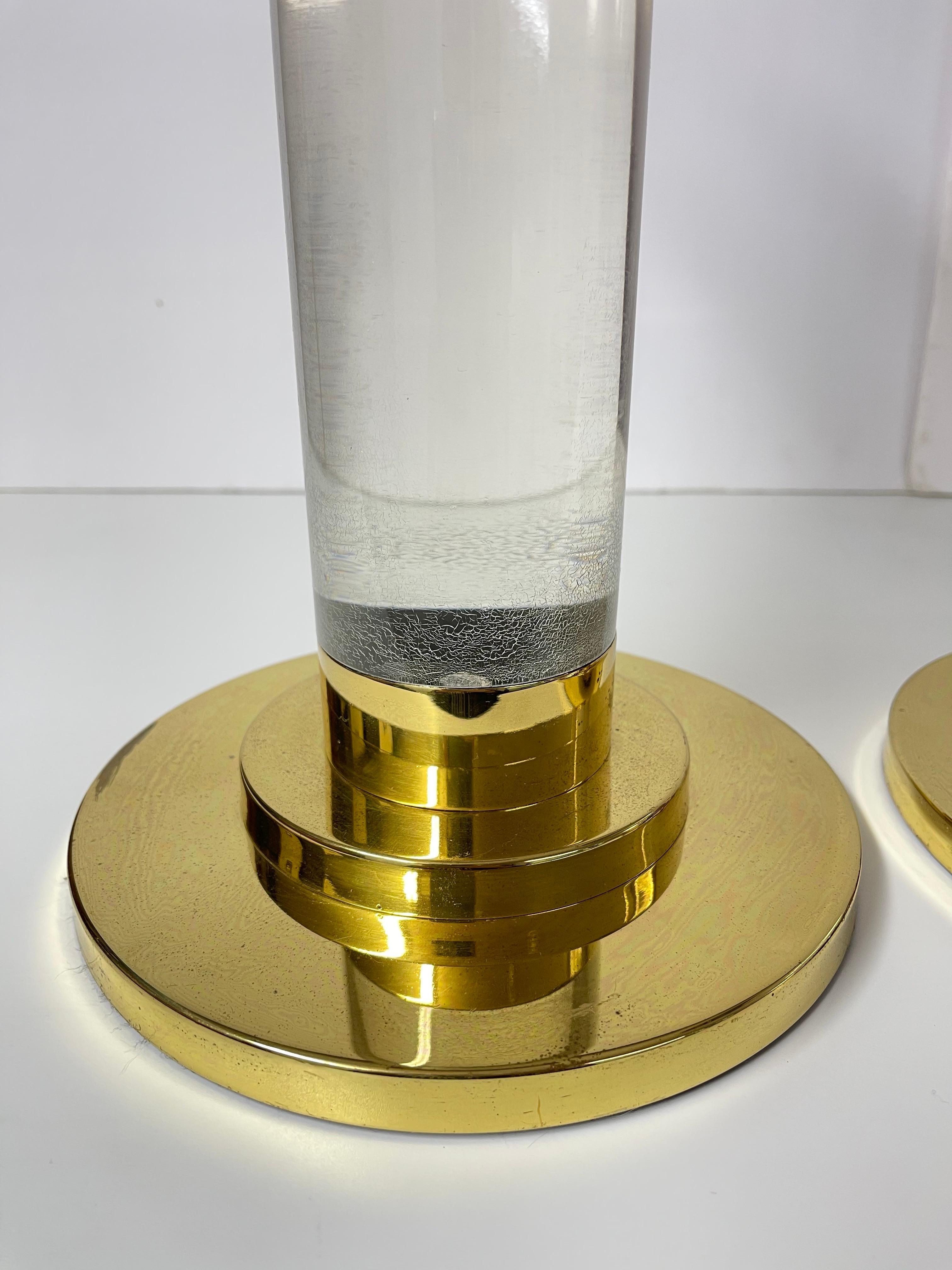 Pair of Lucite and Brass Column Candle Holders in the style of Karl Springer  For Sale 7