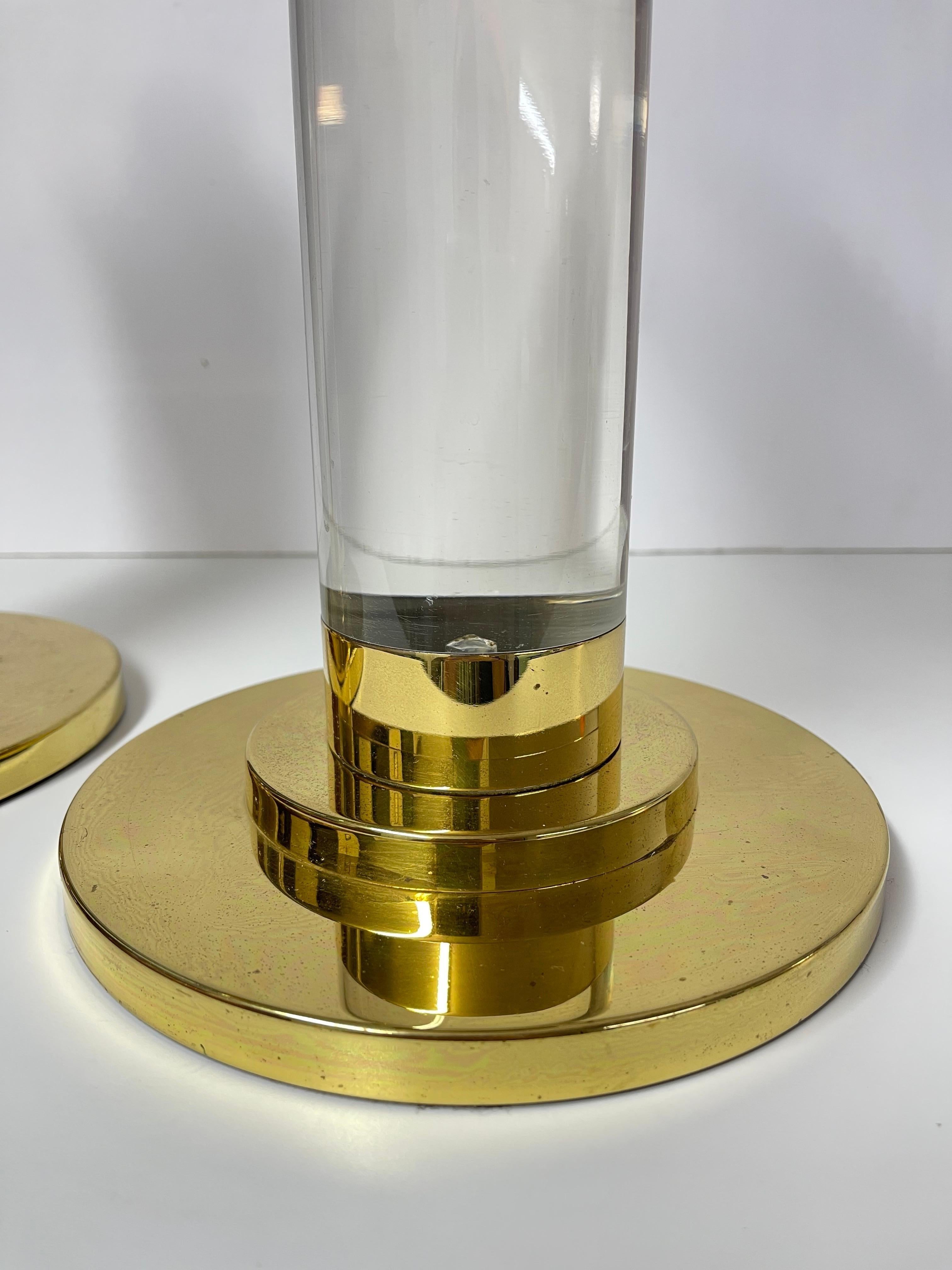 Pair of Lucite and Brass Column Candle Holders in the style of Karl Springer  For Sale 8