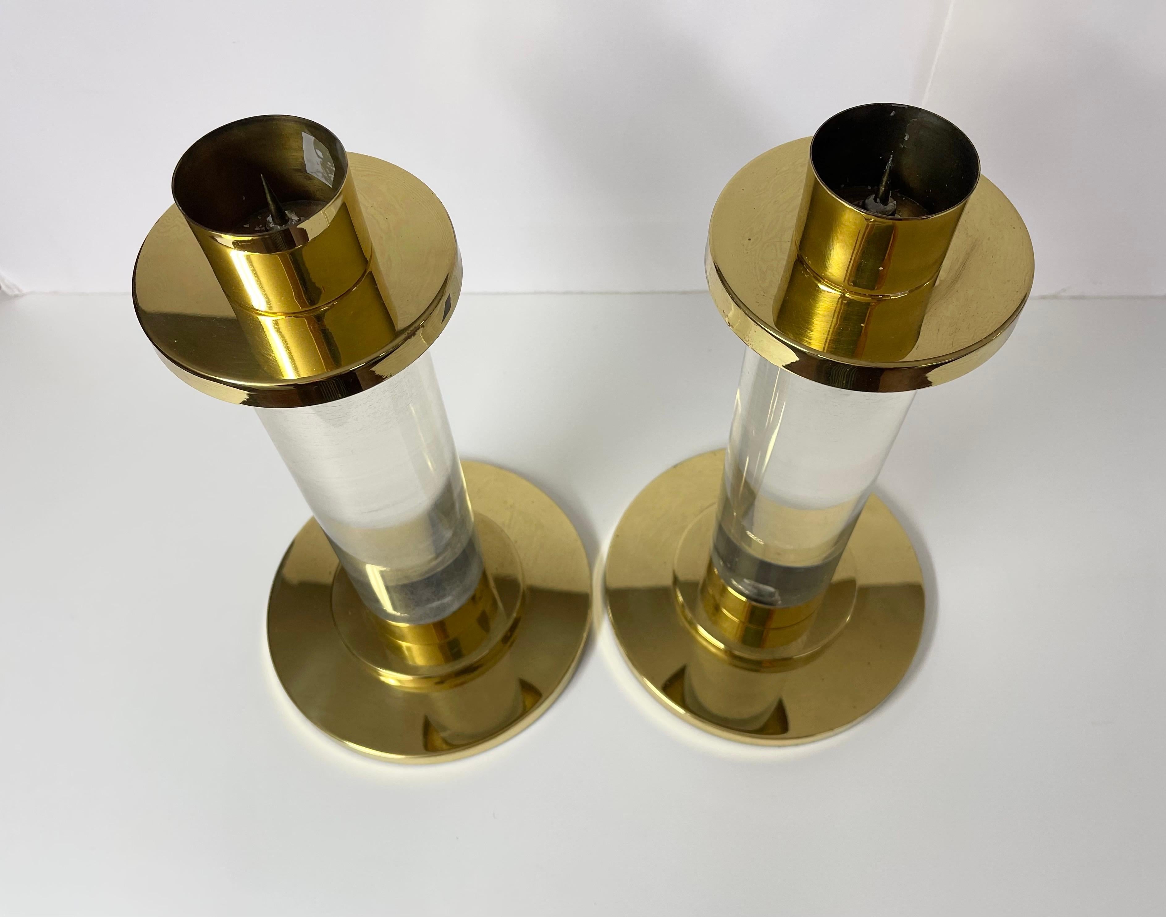 Pair of Lucite and Brass Column Candle Holders in the style of Karl Springer  For Sale 9