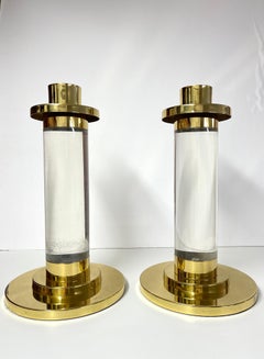 Pair of Lucite and Brass Column Candle Holders in the style of Karl Springer