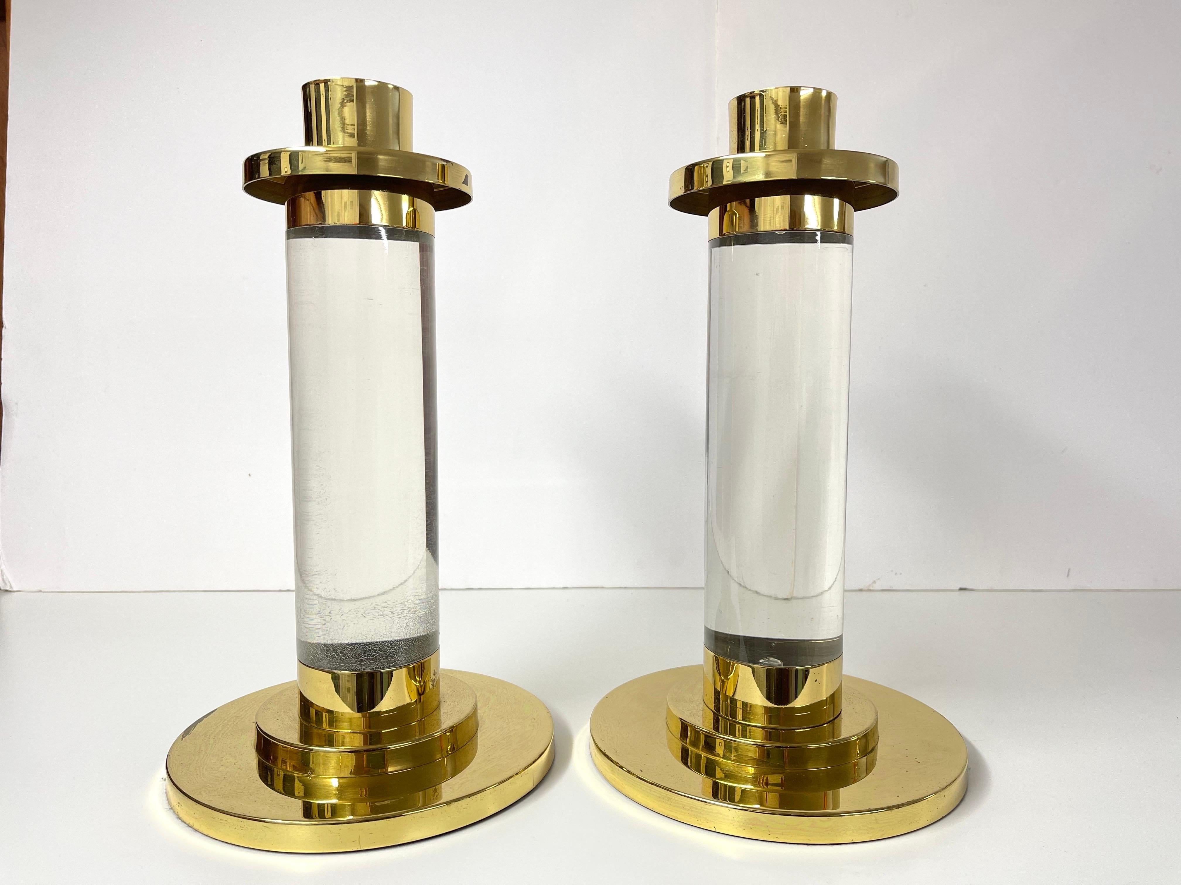 Mid-Century Modern Pair of Lucite and Brass Column Candle Holders in the style of Karl Springer  For Sale