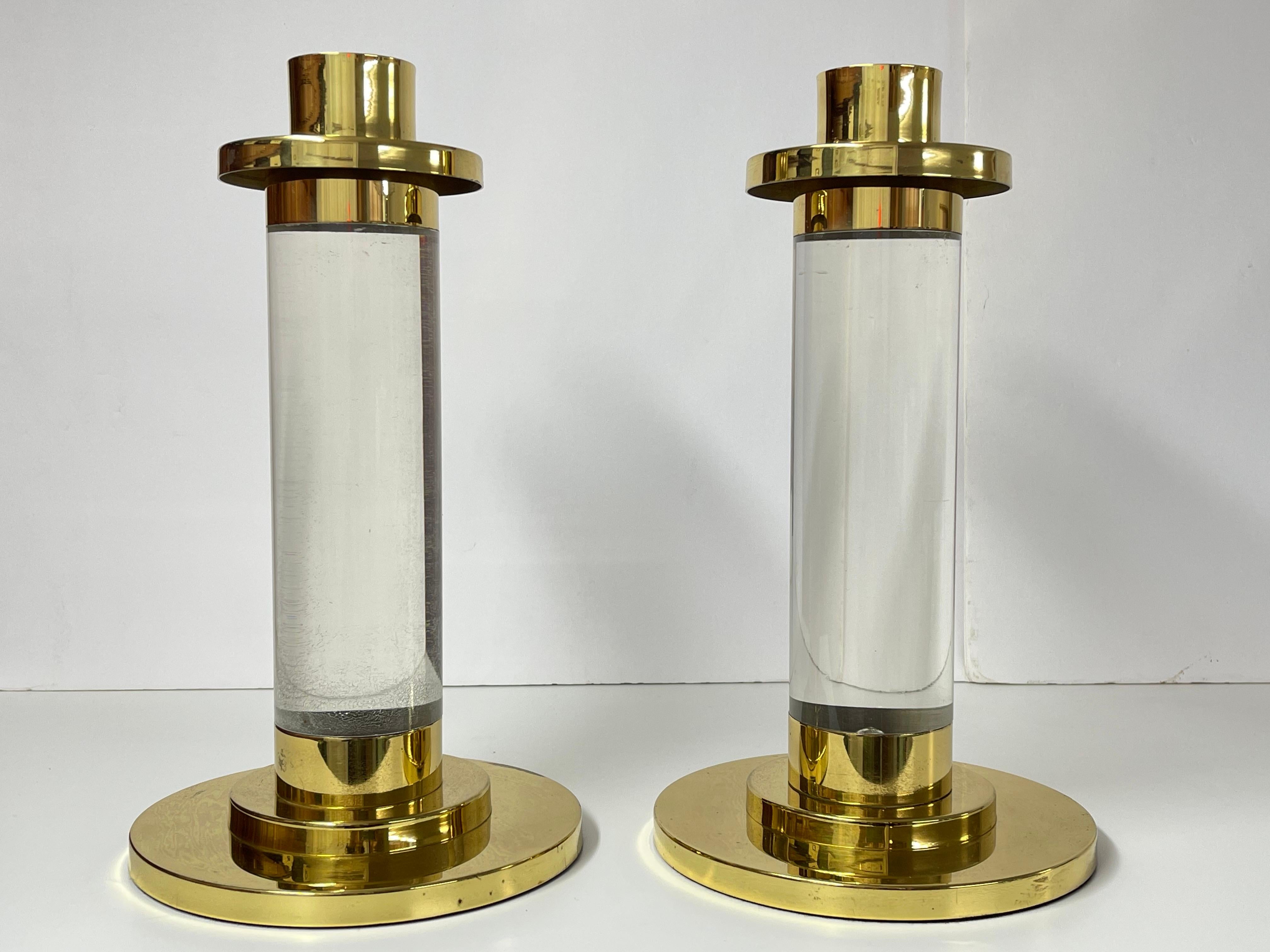 Mid-Century Modern Pair of Lucite and Brass Column Candle Holders in the style of Karl Springer  For Sale