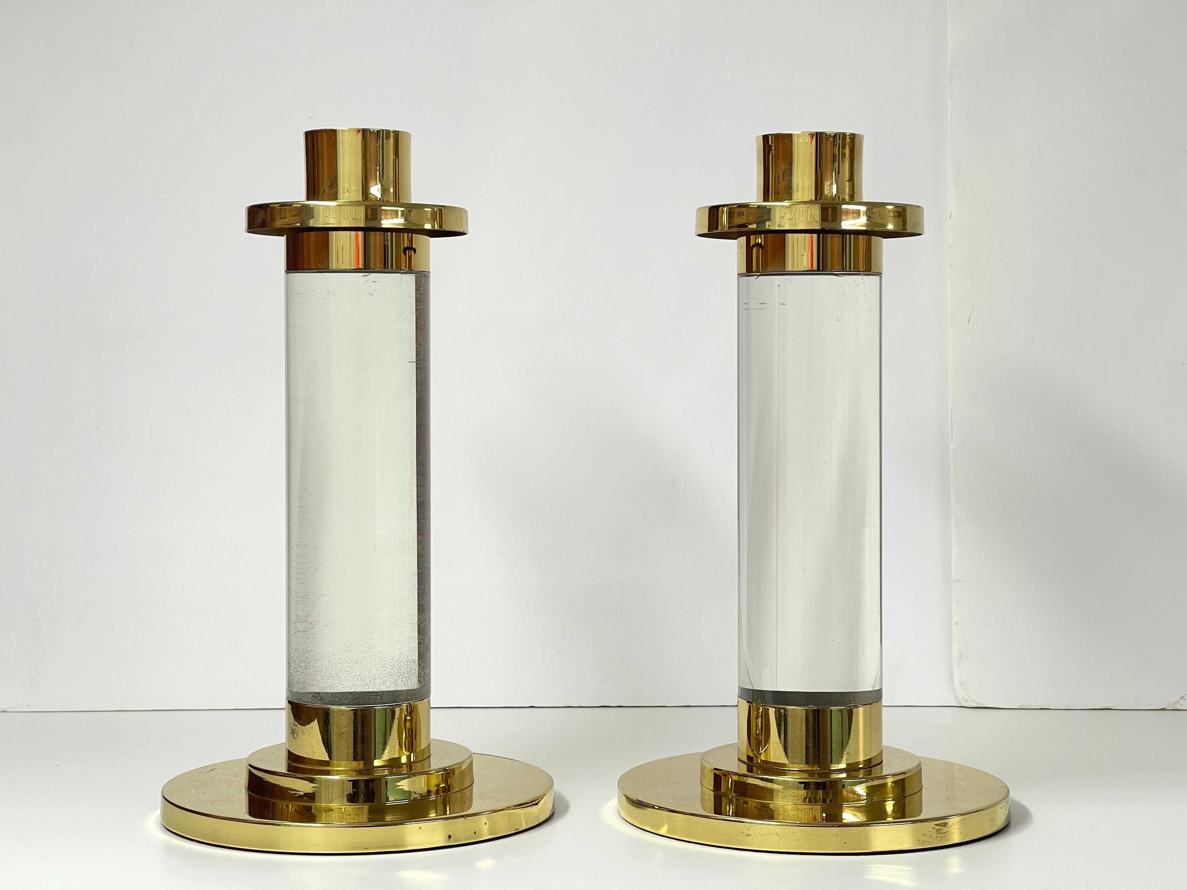 Late 20th Century Pair of Lucite and Brass Column Candle Holders in the style of Karl Springer  For Sale