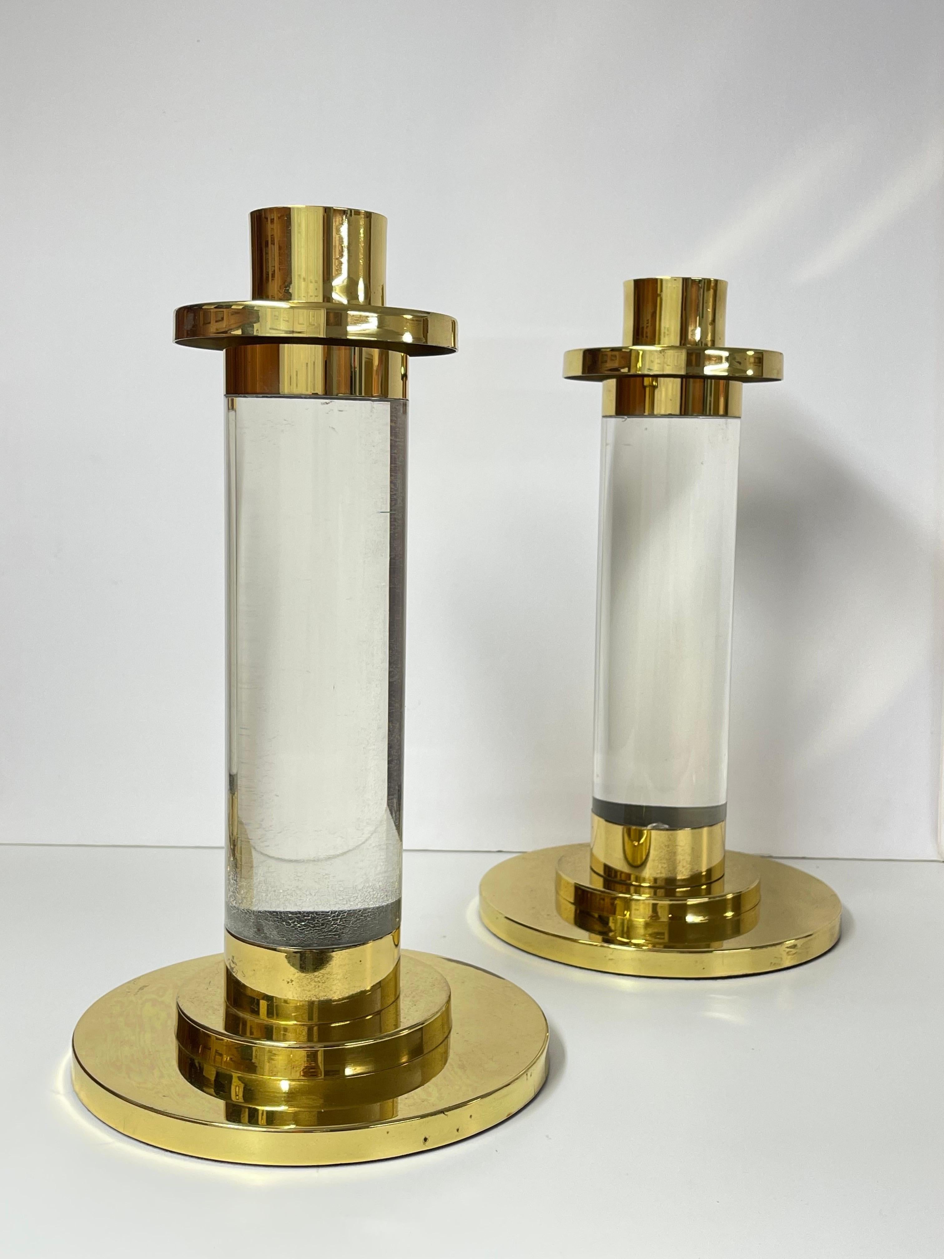 Late 20th Century Pair of Lucite and Brass Column Candle Holders in the style of Karl Springer  For Sale