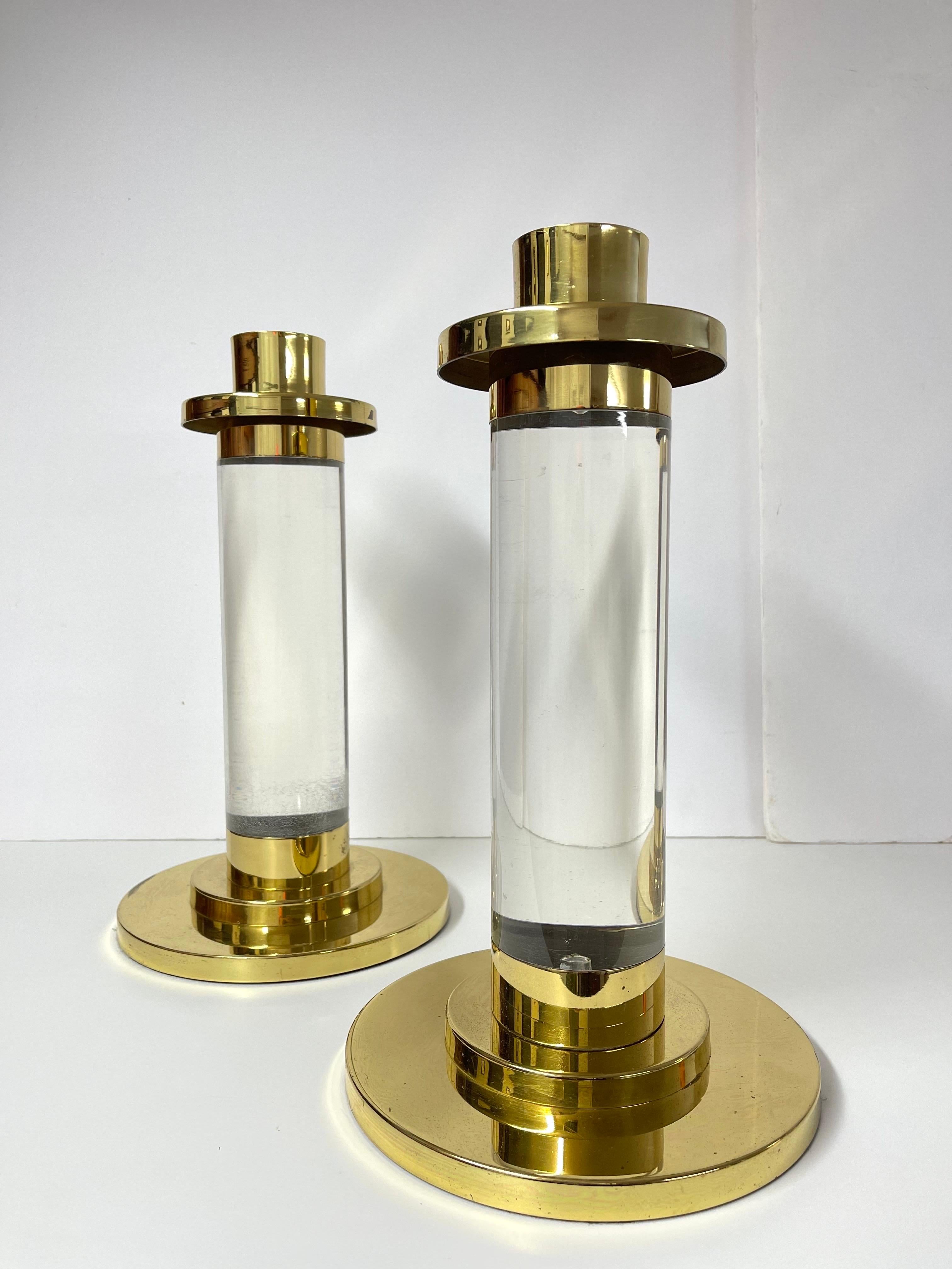 Pair of Lucite and Brass Column Candle Holders in the style of Karl Springer  For Sale 1