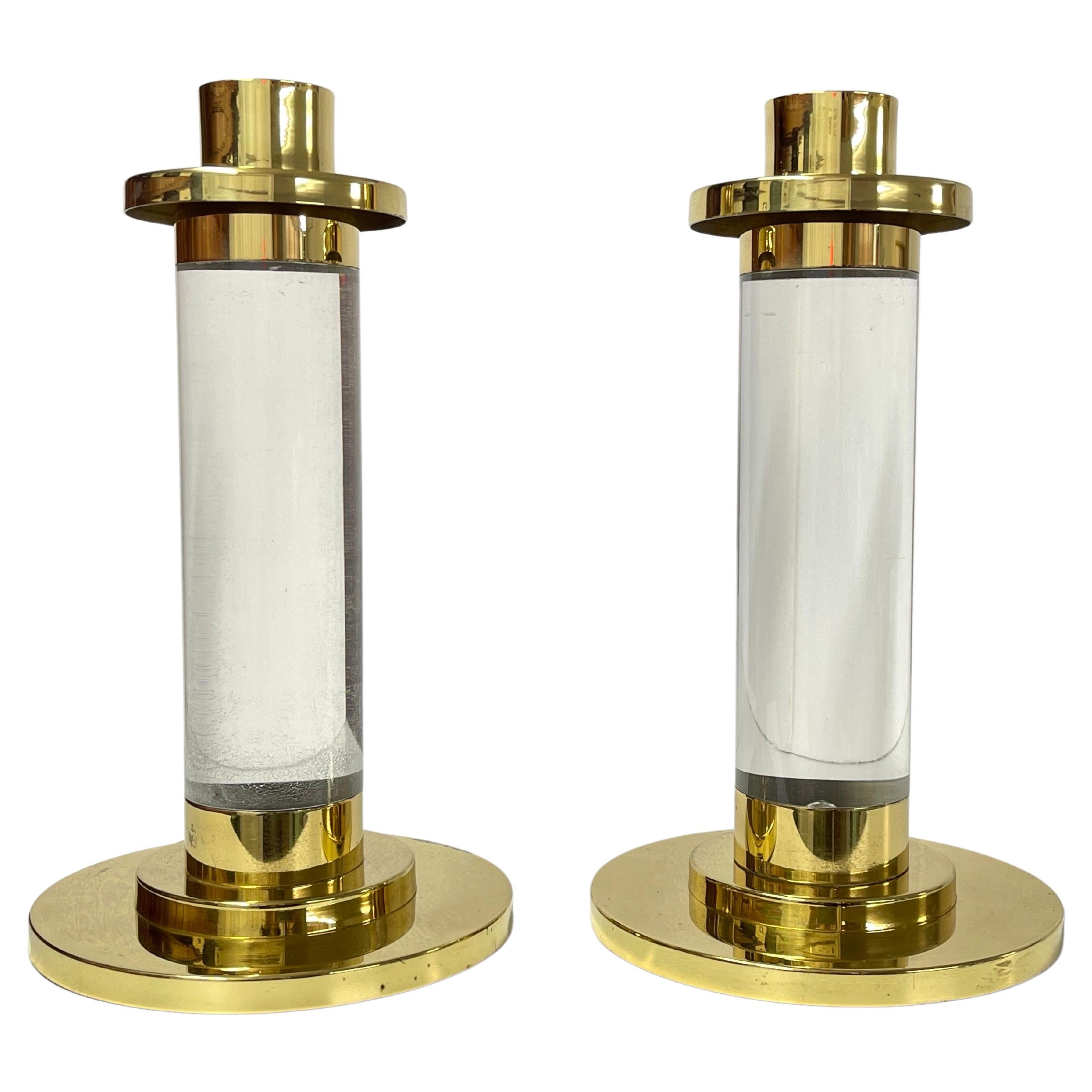 Pair of Lucite and Brass Column Candle Holders in the style of Karl Springer  For Sale