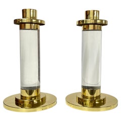 Pair of Lucite and Brass Column Candle Holders in the style of Karl Springer 