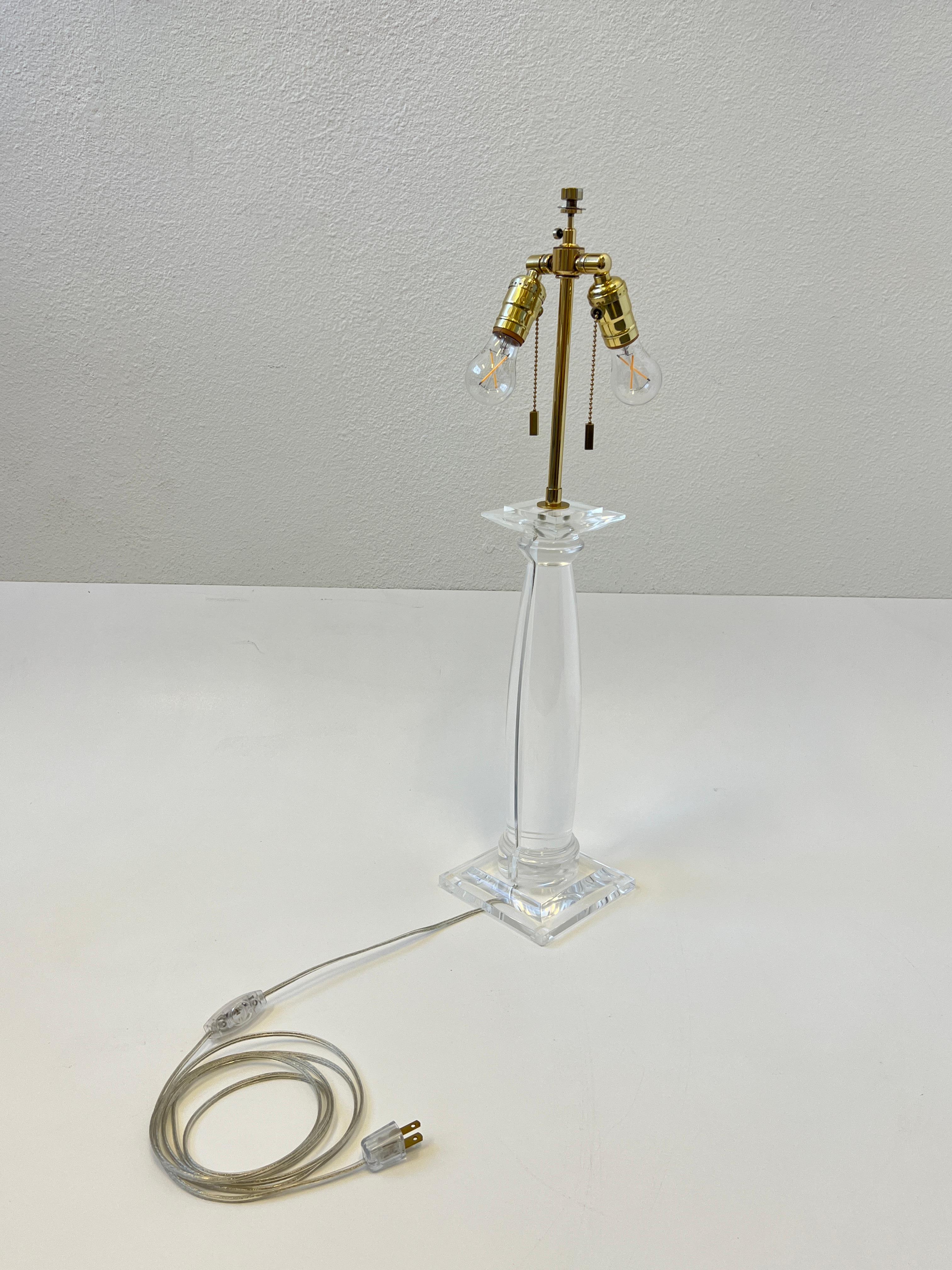Pair of Lucite and Brass Greek Column Table Lamps by Karl Springer For Sale 3