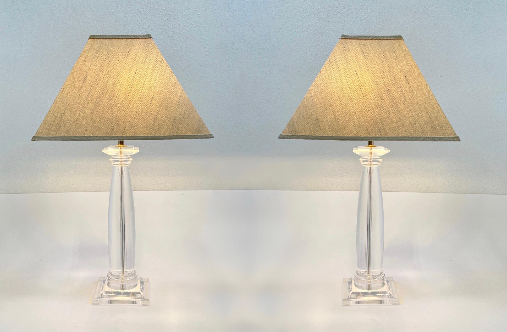 Modern Pair of Lucite and Brass Greek Column Table Lamps by Karl Springer For Sale