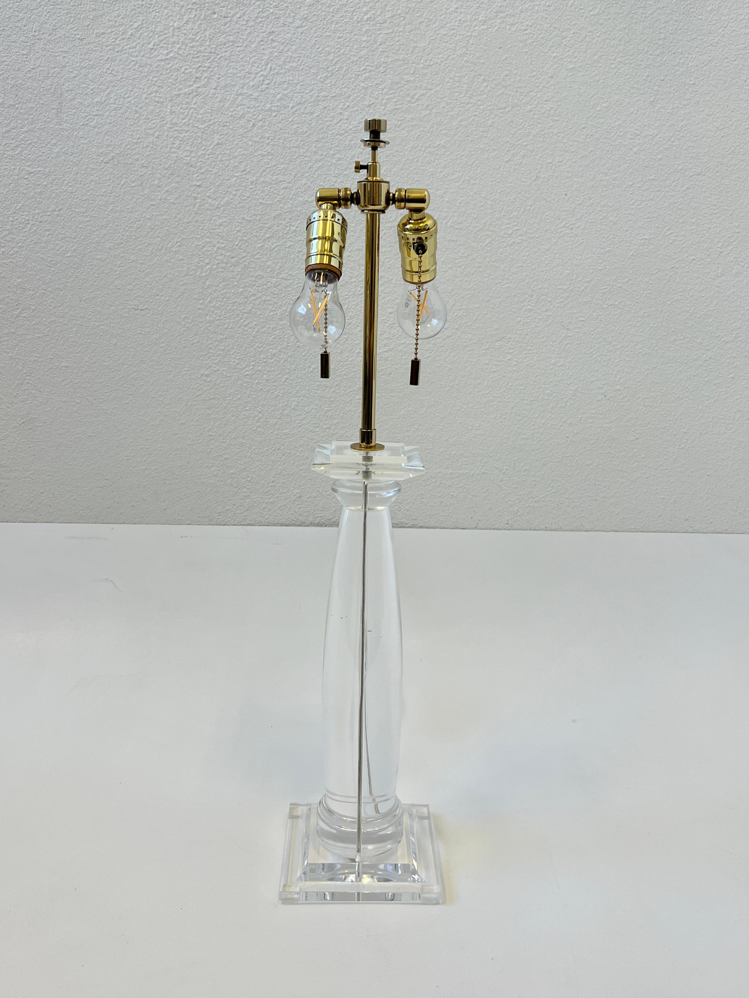 American Pair of Lucite and Brass Greek Column Table Lamps by Karl Springer For Sale