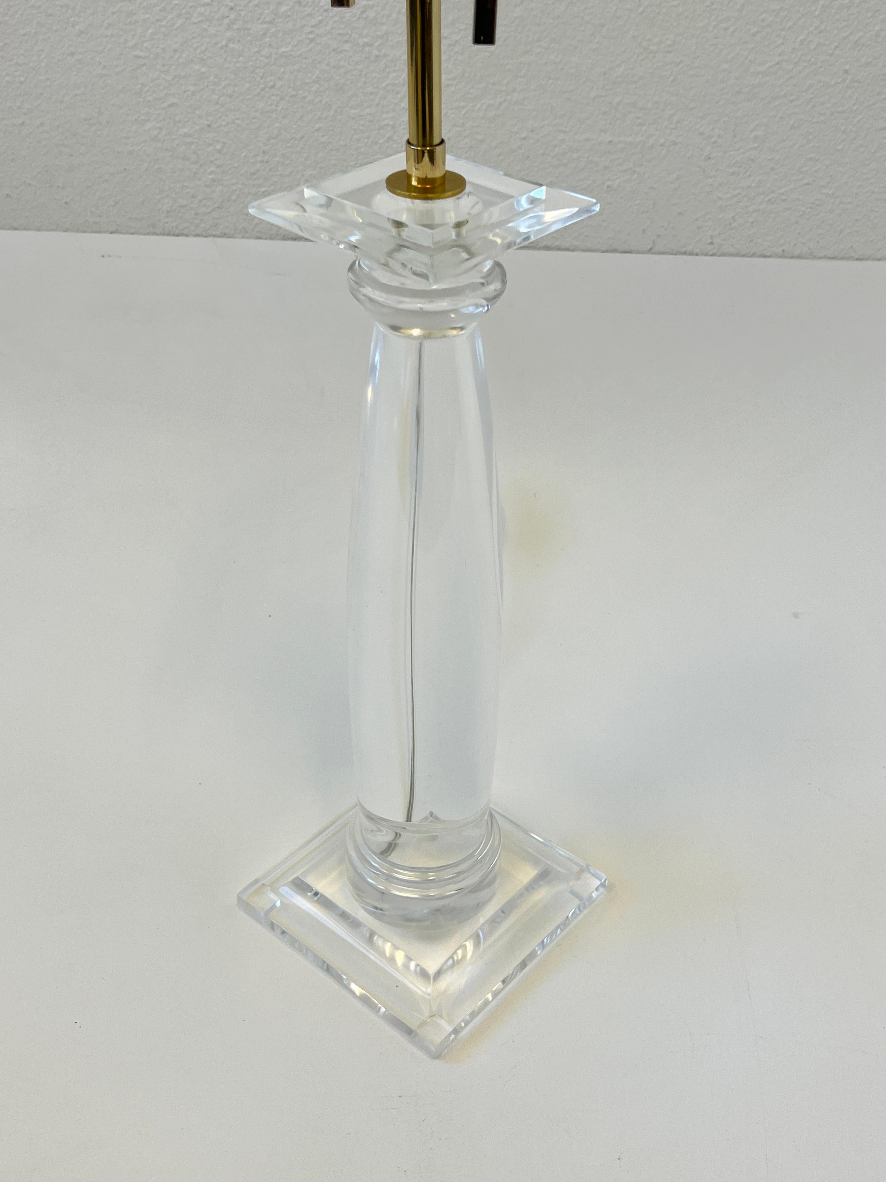 Pair of Lucite and Brass Greek Column Table Lamps by Karl Springer In Excellent Condition For Sale In Palm Springs, CA