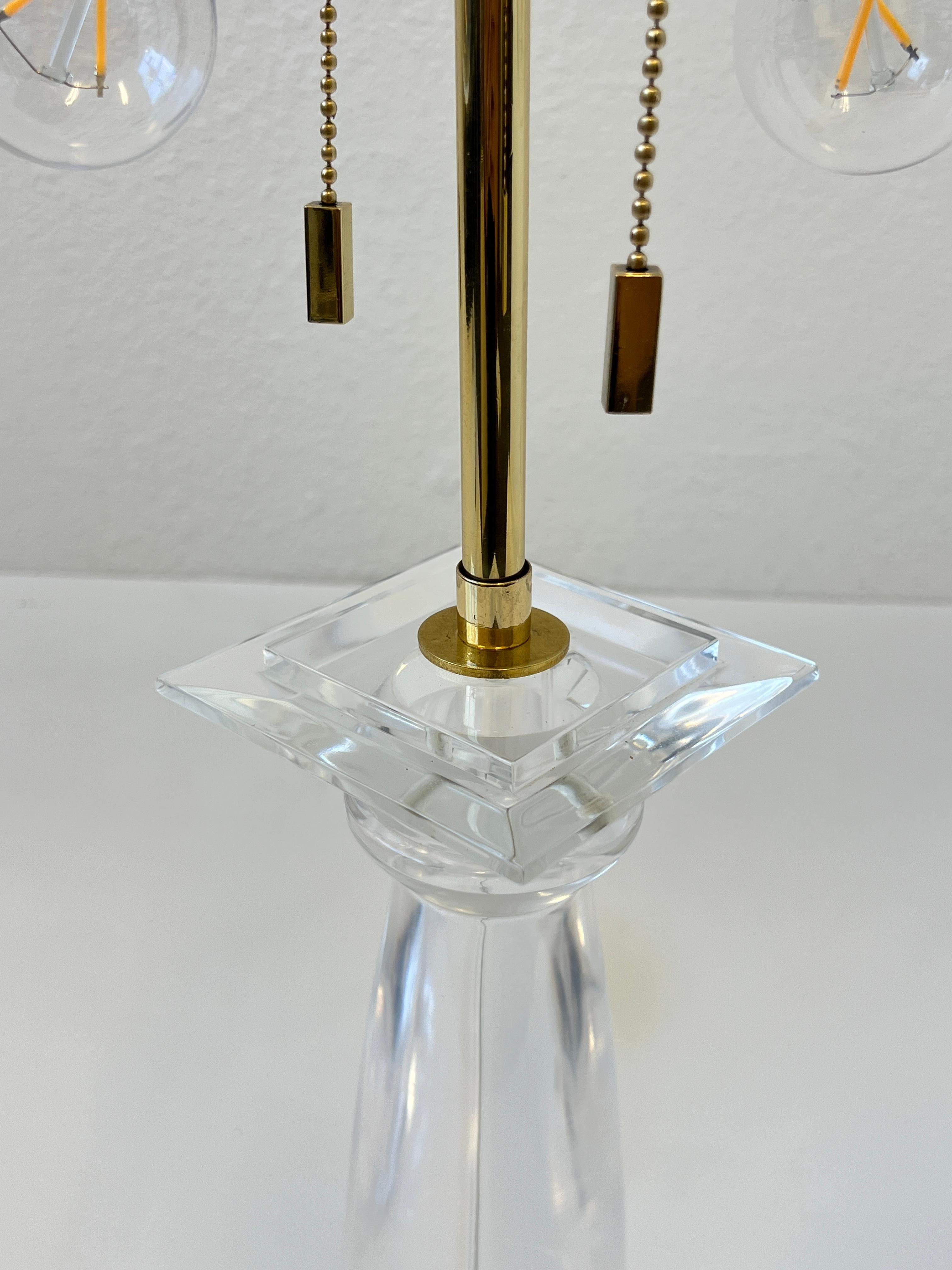 Pair of Lucite and Brass Greek Column Table Lamps by Karl Springer For Sale 1