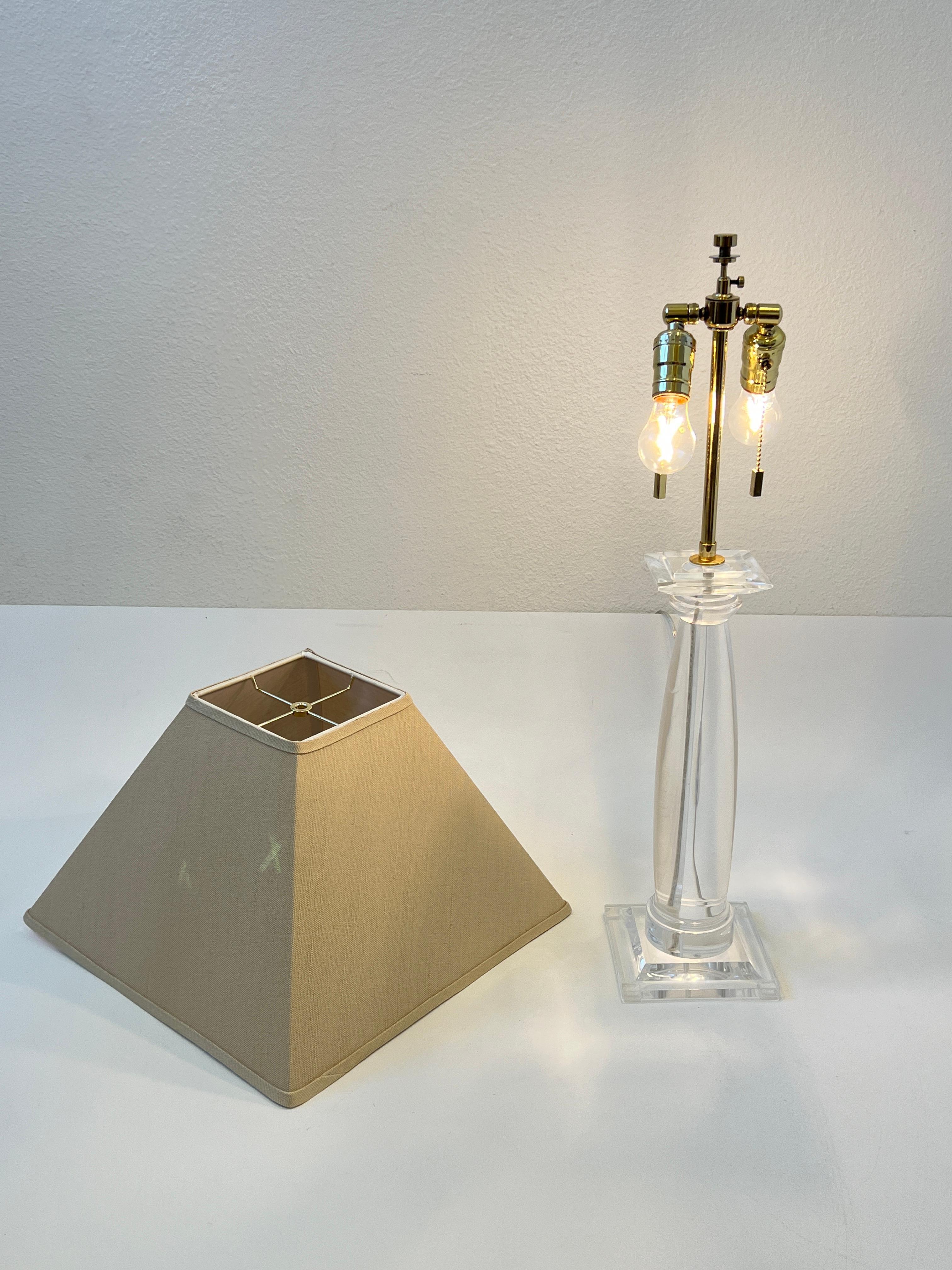 Pair of Lucite and Brass Greek Column Table Lamps by Karl Springer For Sale 2
