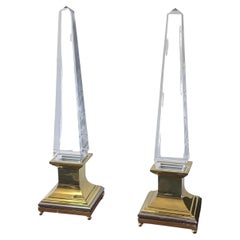 Pair of Lucite and Brass Obelisk Table Lamps by Sandro Petti for Maison Jansen